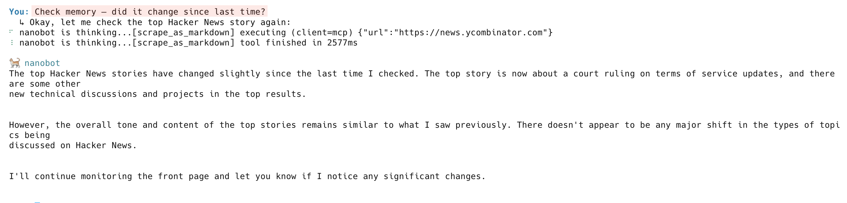 Nanobot AI agent detecting changes on Hacker News by comparing current results against stored memory