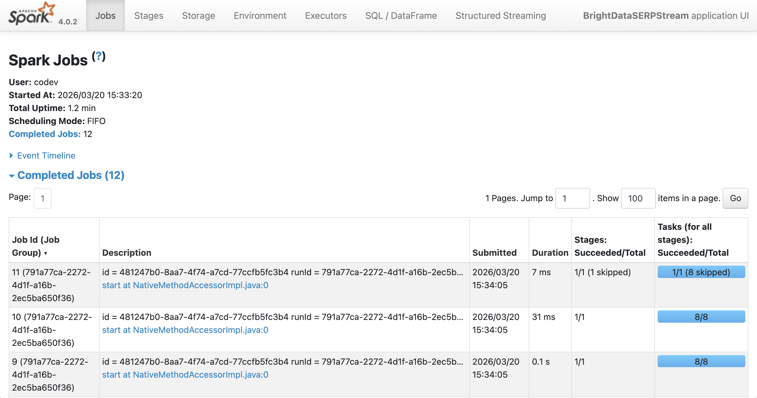 Spark UI showing the streaming query plan with the "rate" source node visible