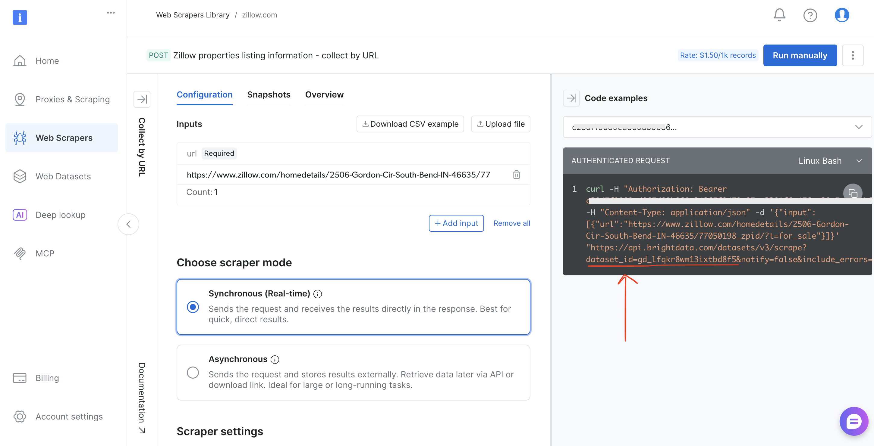 Zillow scraper configuration page showing the dataset_id in the Code examples curl command
