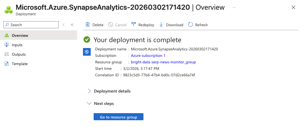 Synapse workspace deployment complete