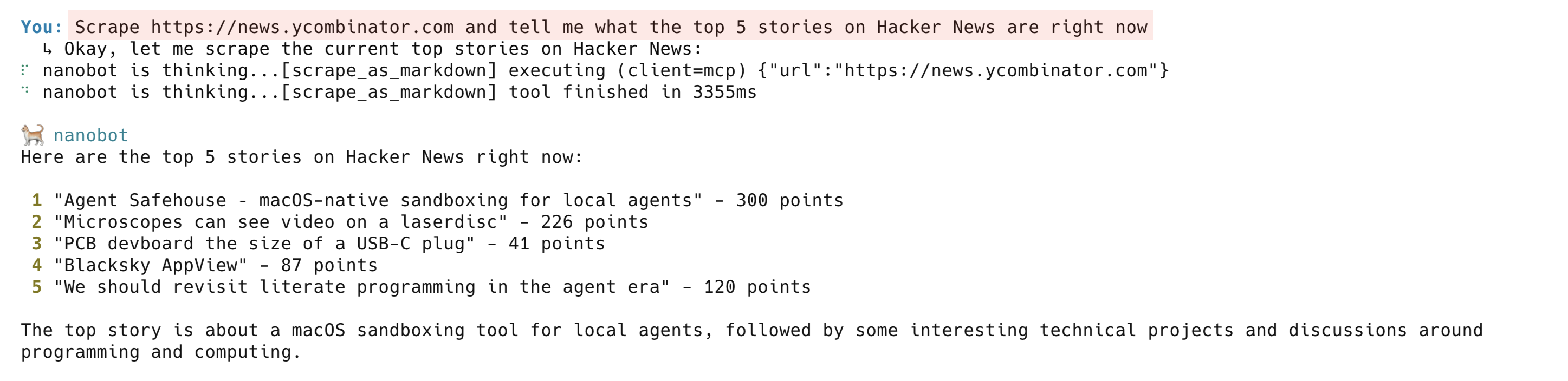 Nanobot AI agent scraping Hacker News in real time using Bright Data Web Unlocker