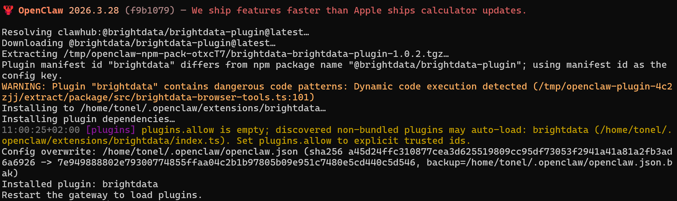 The output produced by the “openclaw plugins install” command