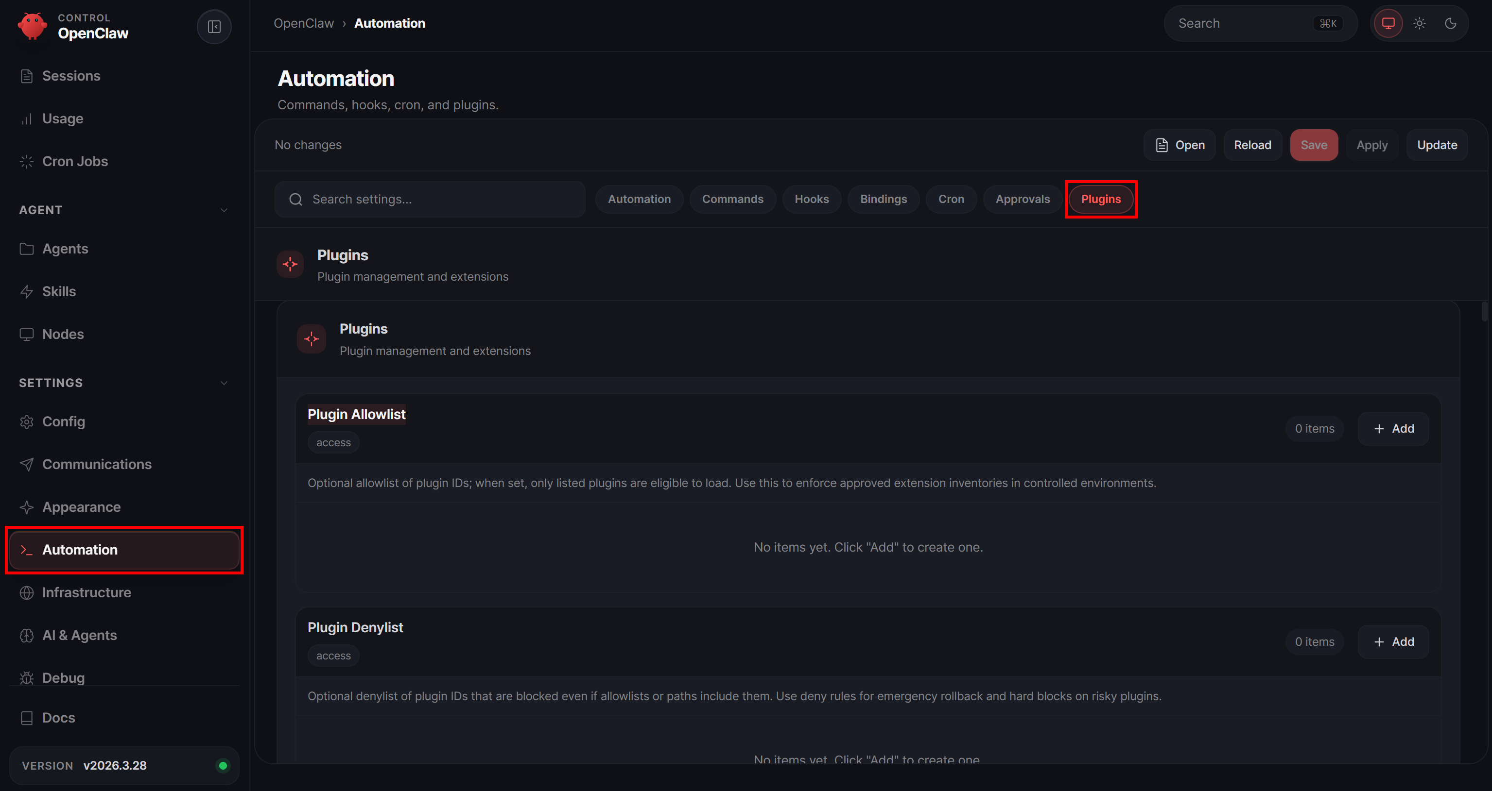 Reaching the “Plugins” tab on the “Automation” page