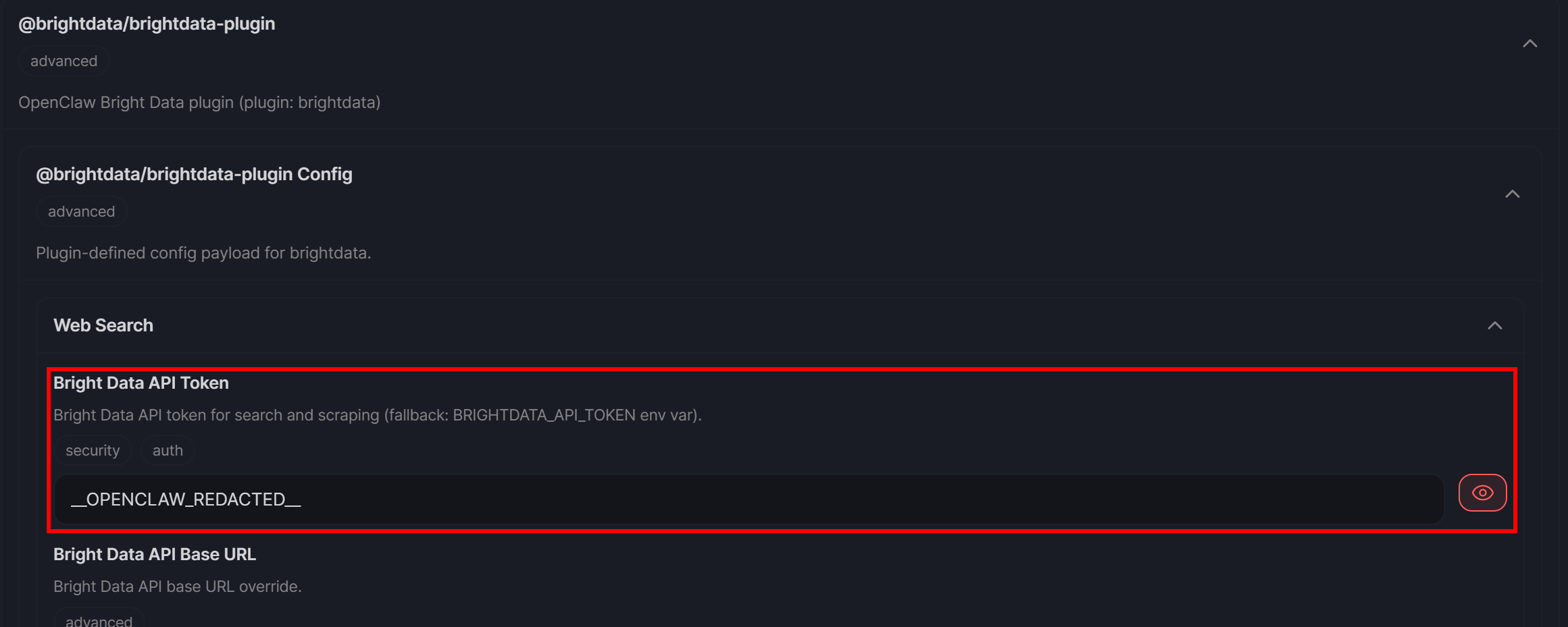 Note the “Bright Data API Token” config