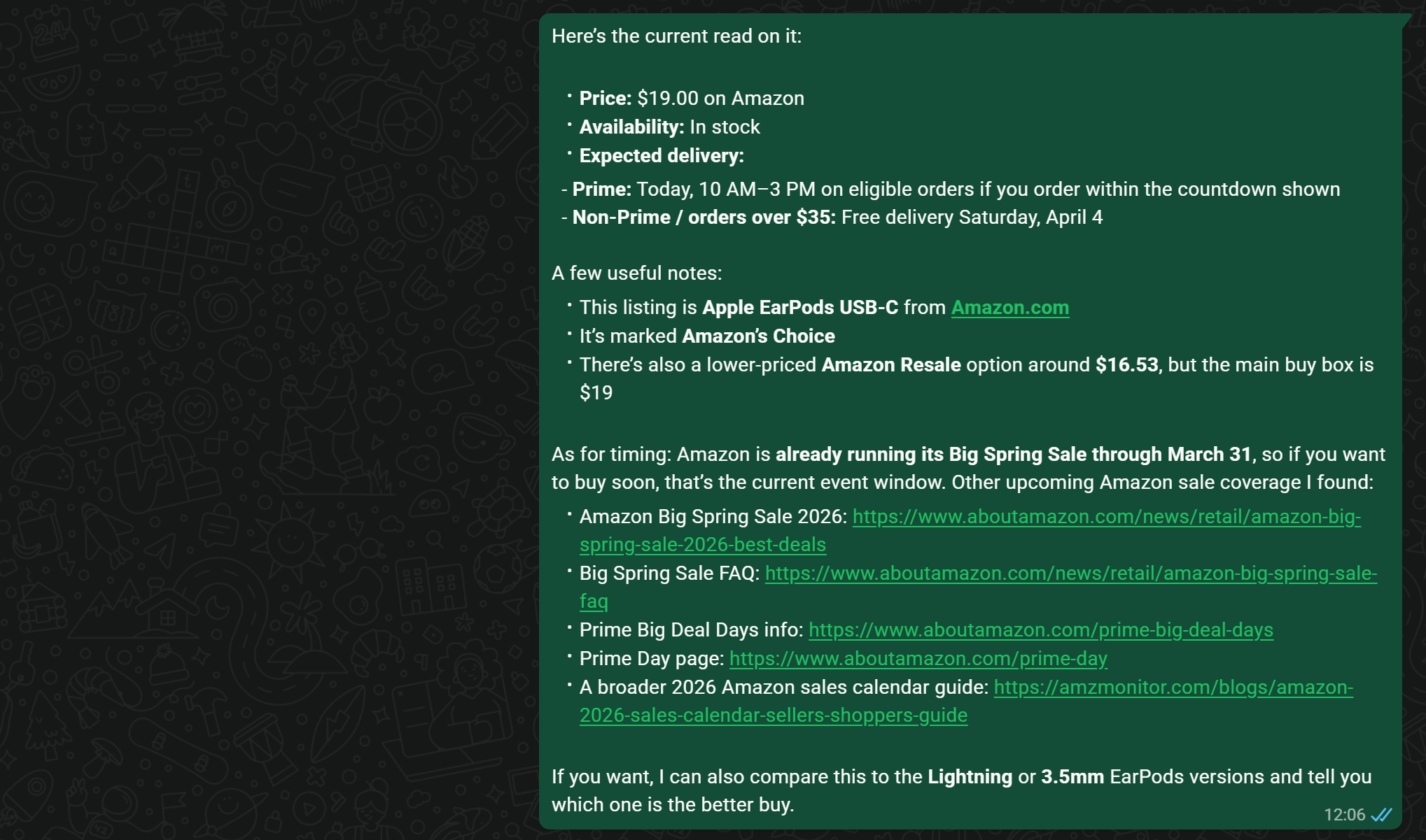 The response produced by the OpenClaw AI agent and sent to your WhatsApp chat