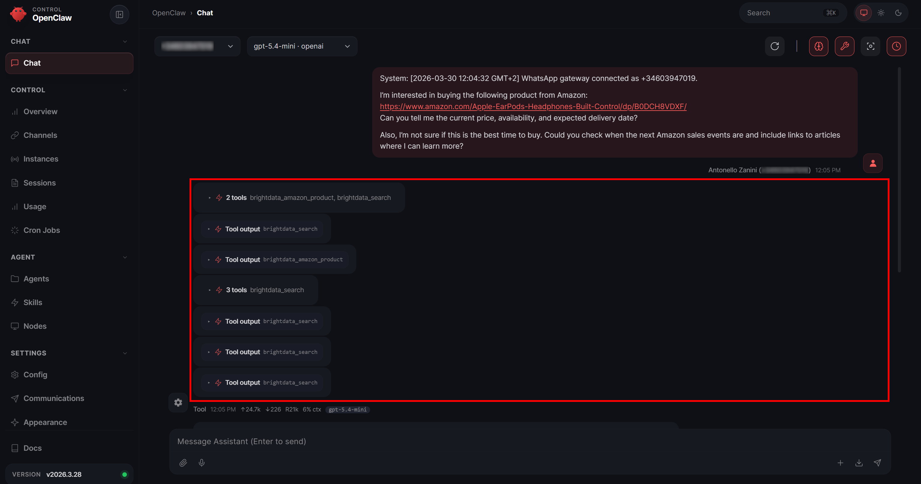 Note the tools called by the agent