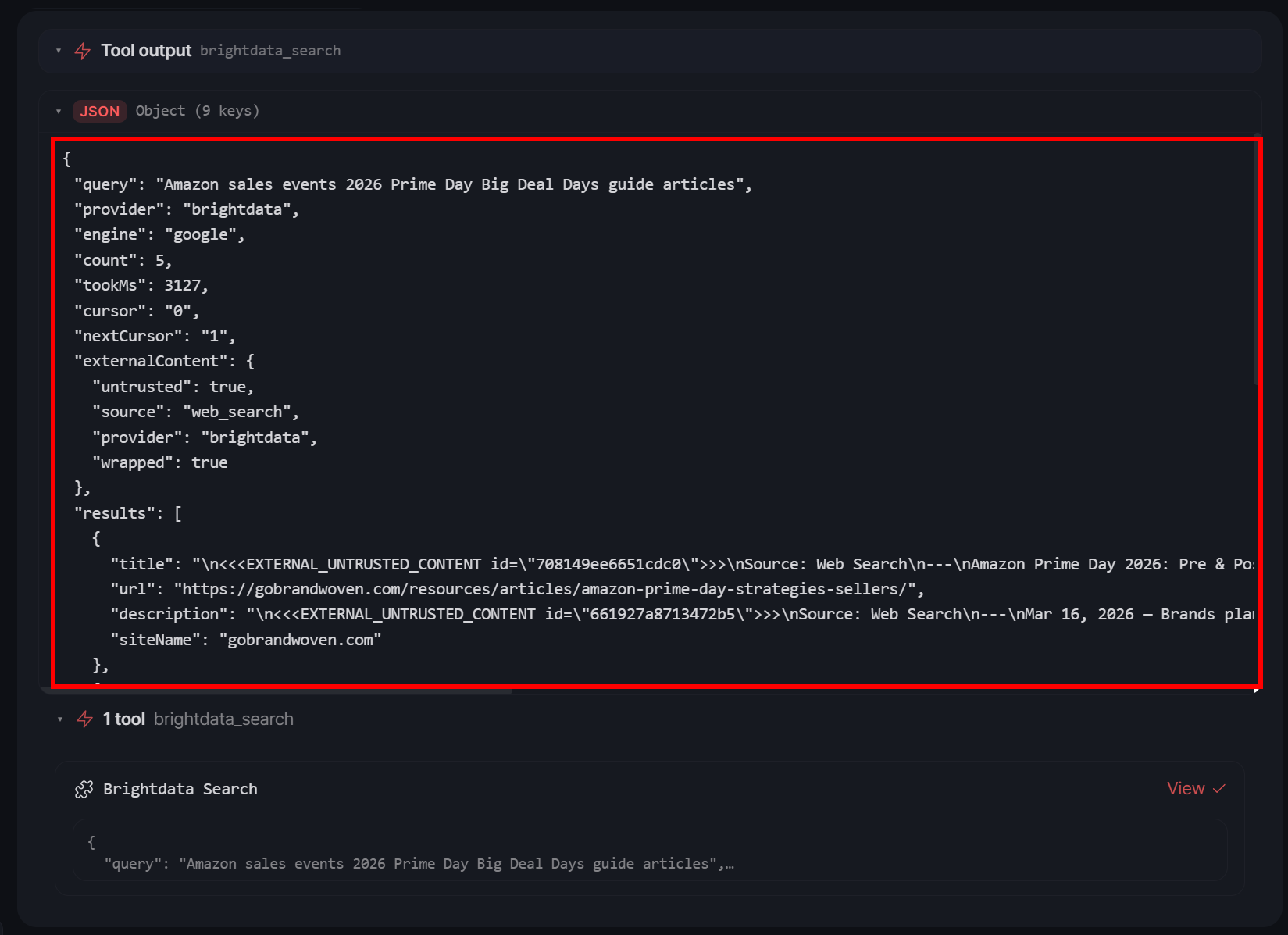 Note the structured SERP returned by the tool