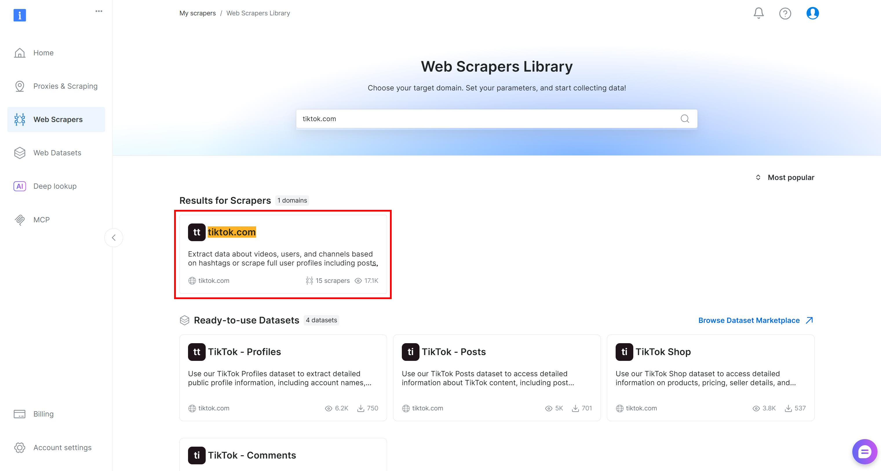 Searching for the “tiktok.com” scraper