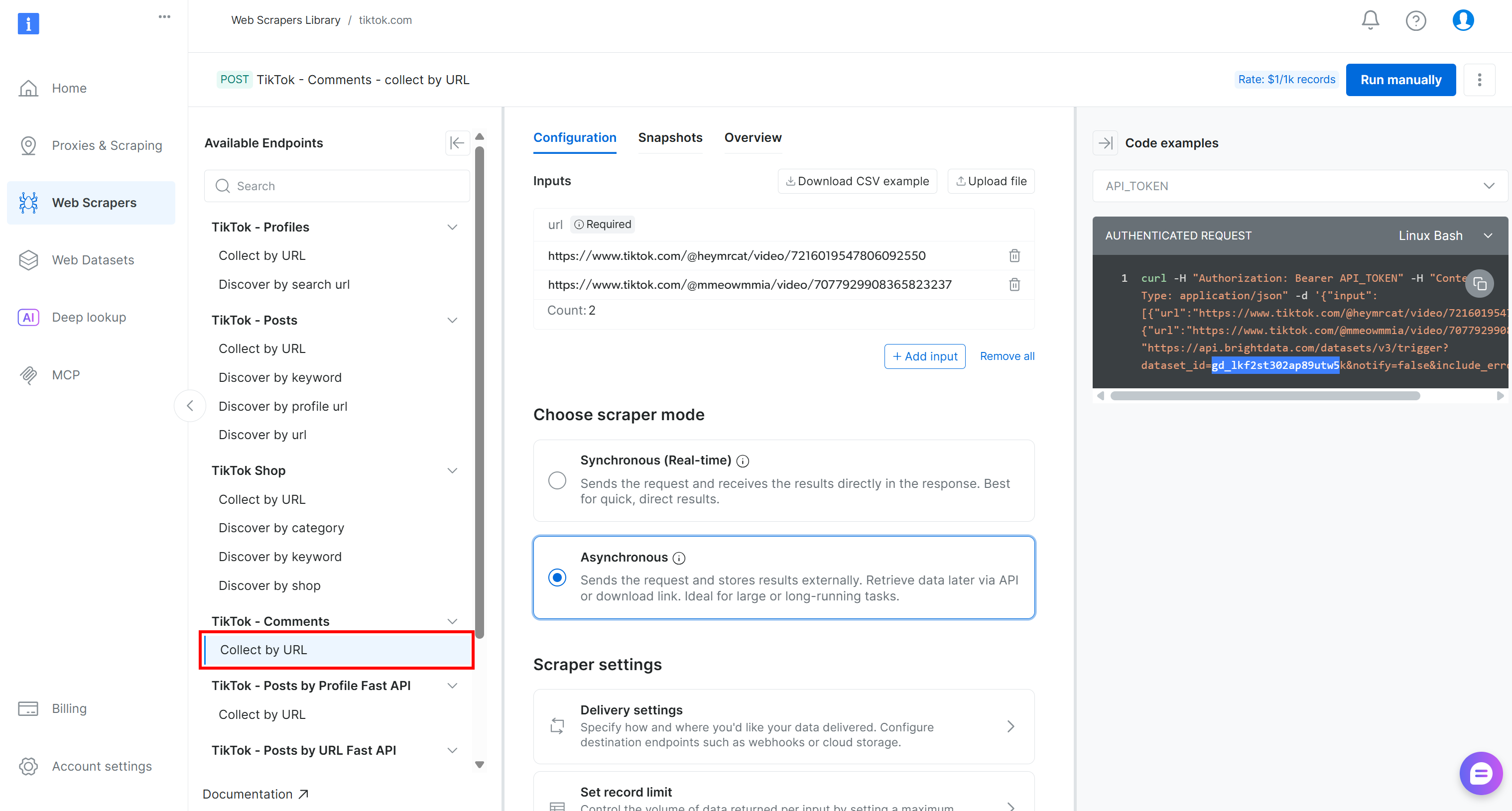 The “TikTok – Comments → Collect by URL” scraper