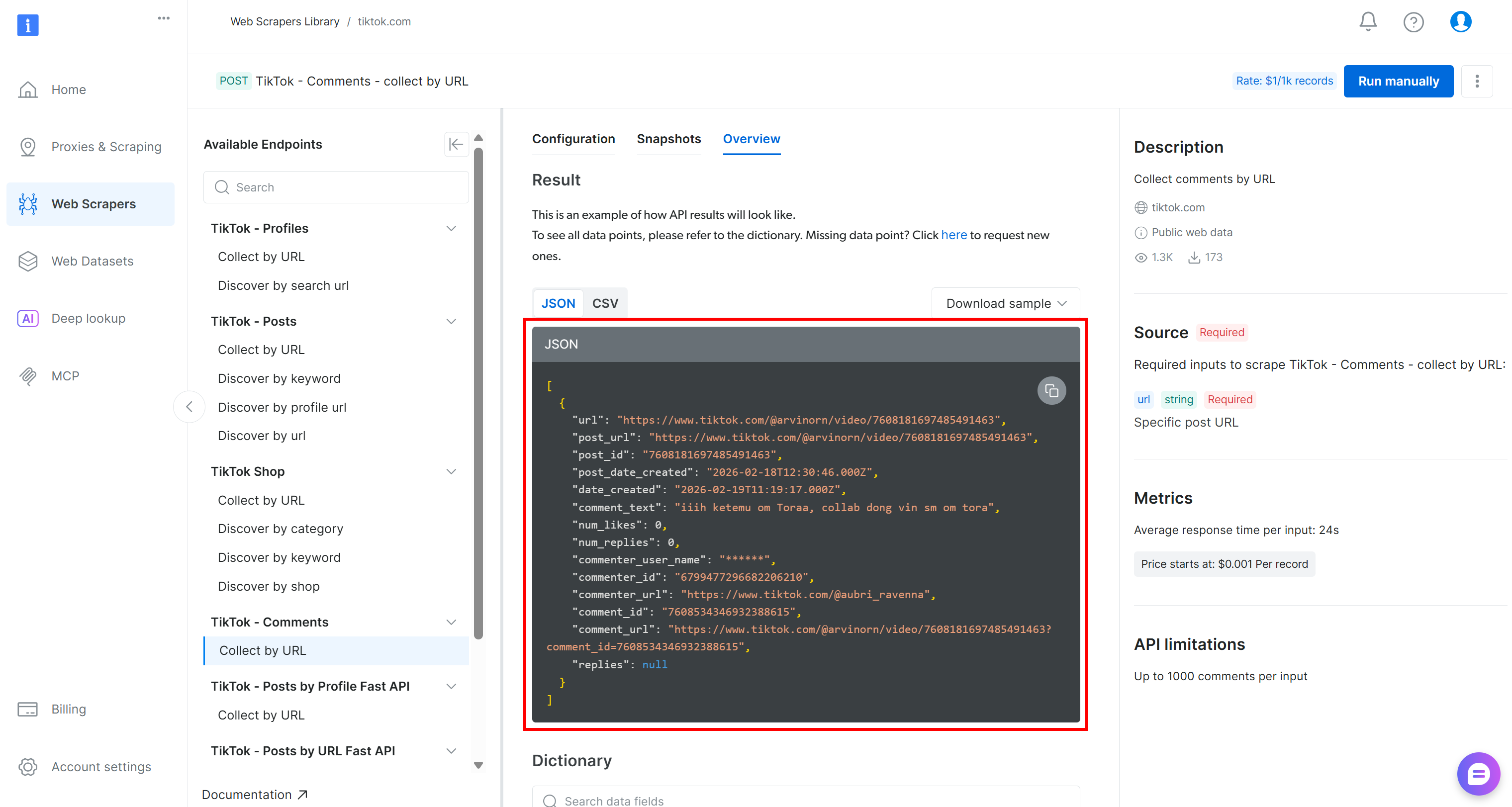The structure of the Web Scraping API response