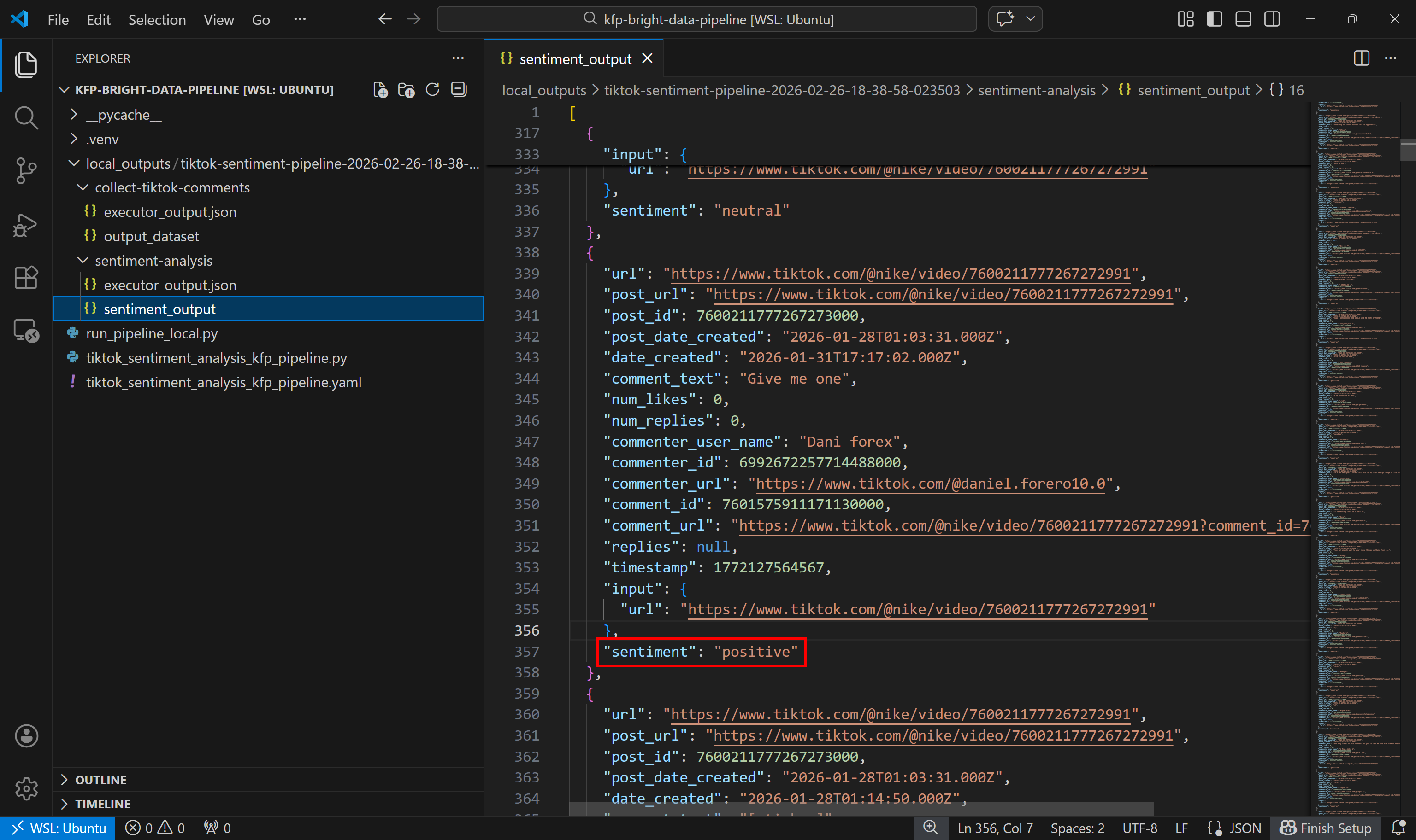 Note the “sentiment” label in the sentiment analysis output dataset