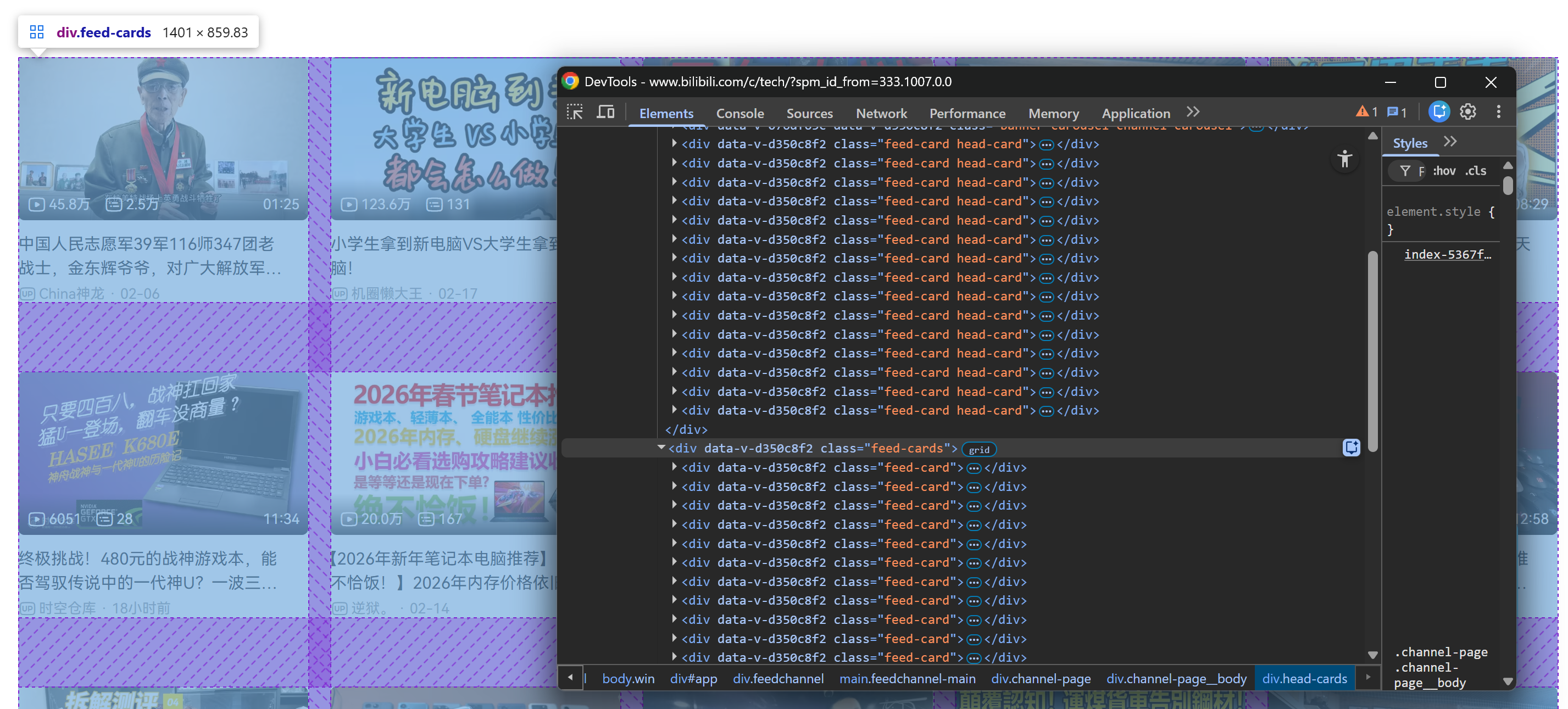 Note the video cards in the “.feed-cards” HTML element
