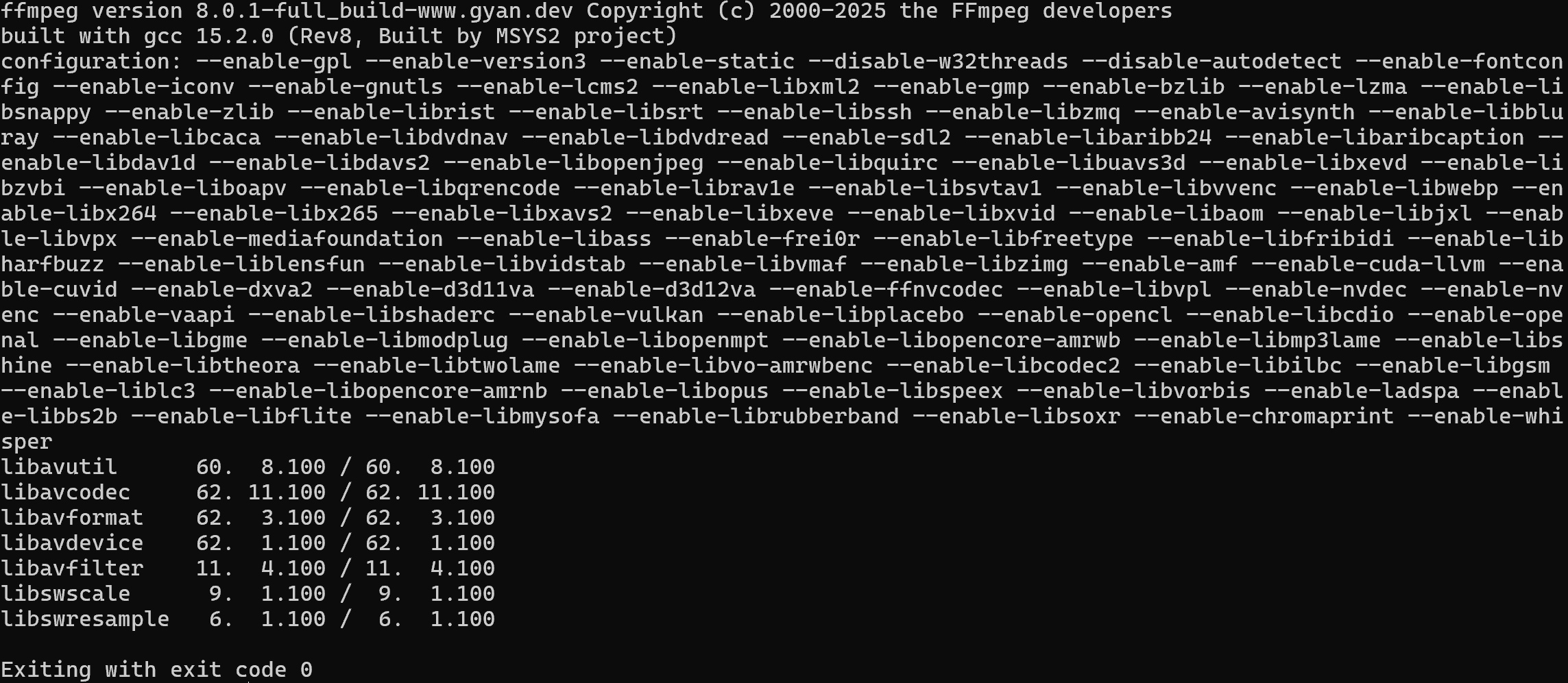 The output of the “ffmpeg -version” command on Windows