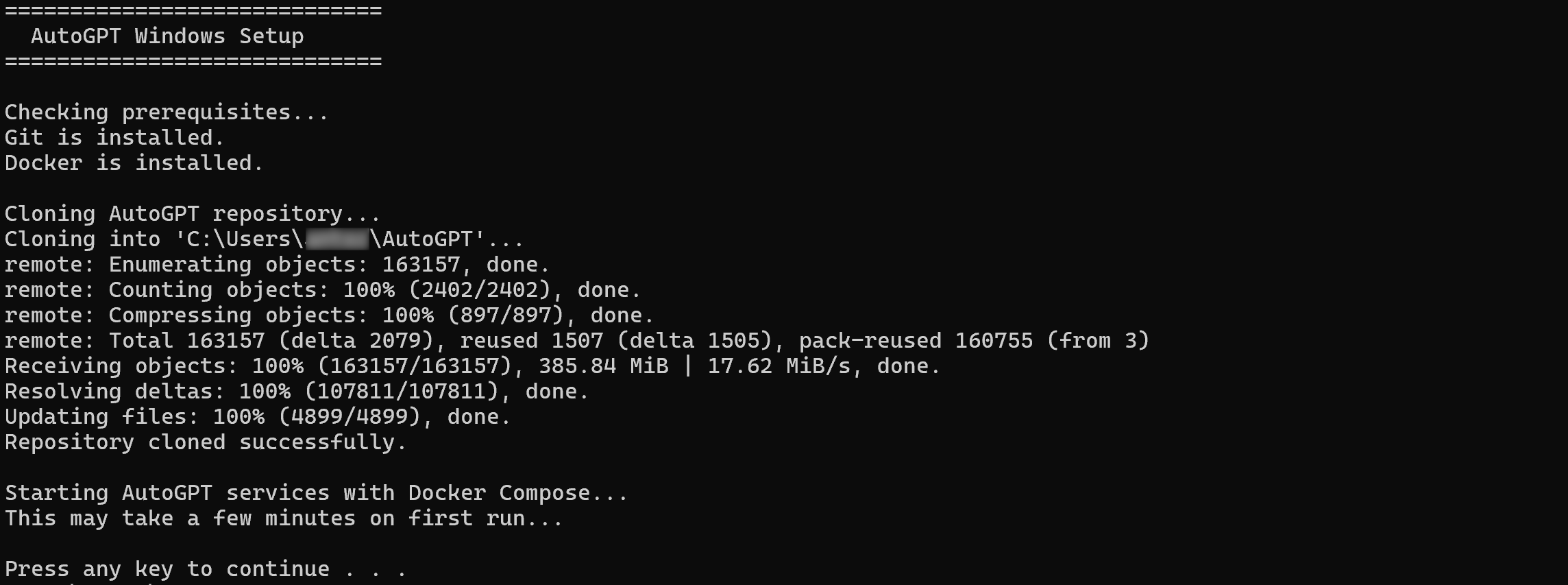 Note the output produced by the AutoGPT one-line installation script