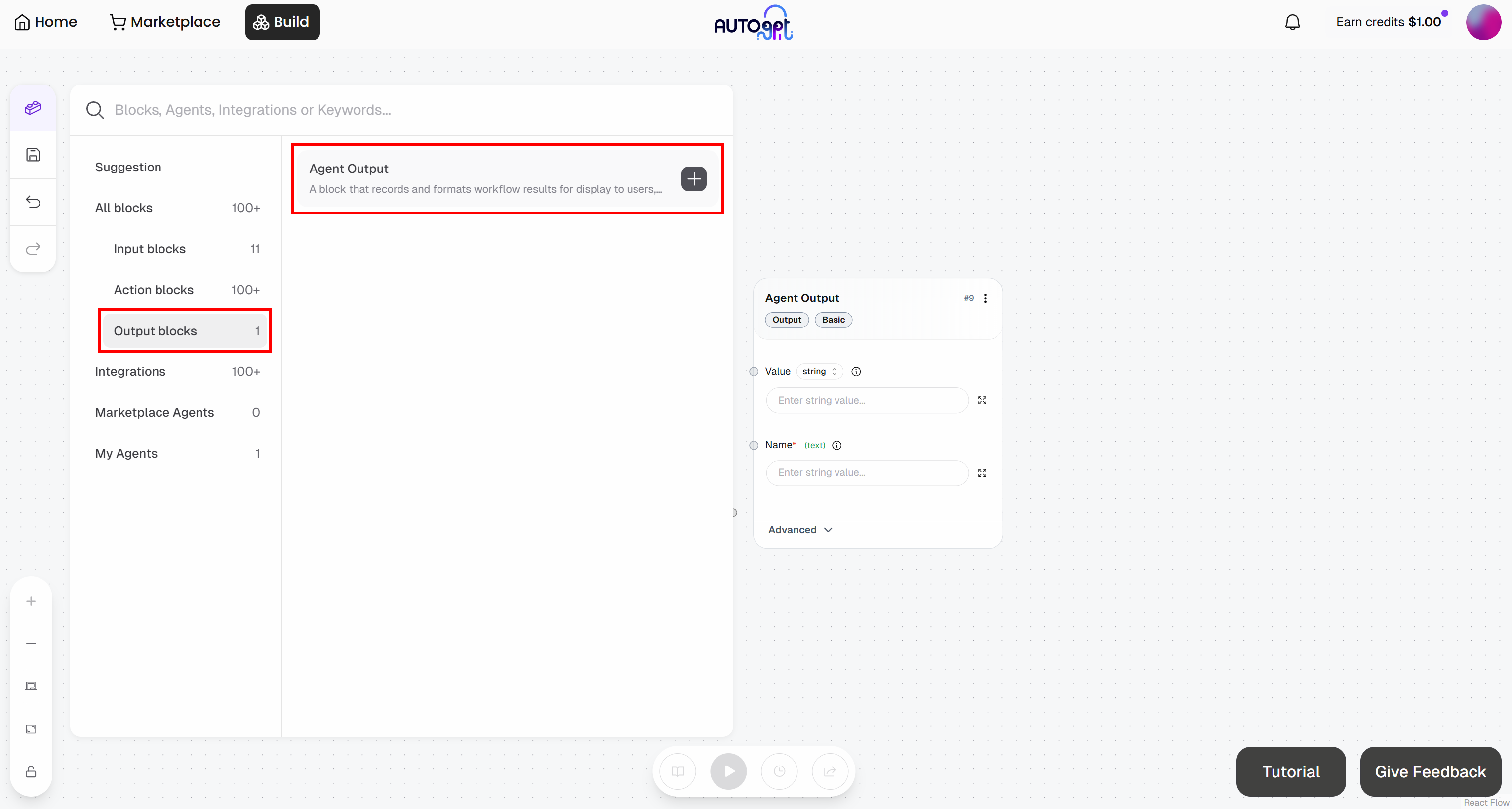 Adding an “Agent Output” block