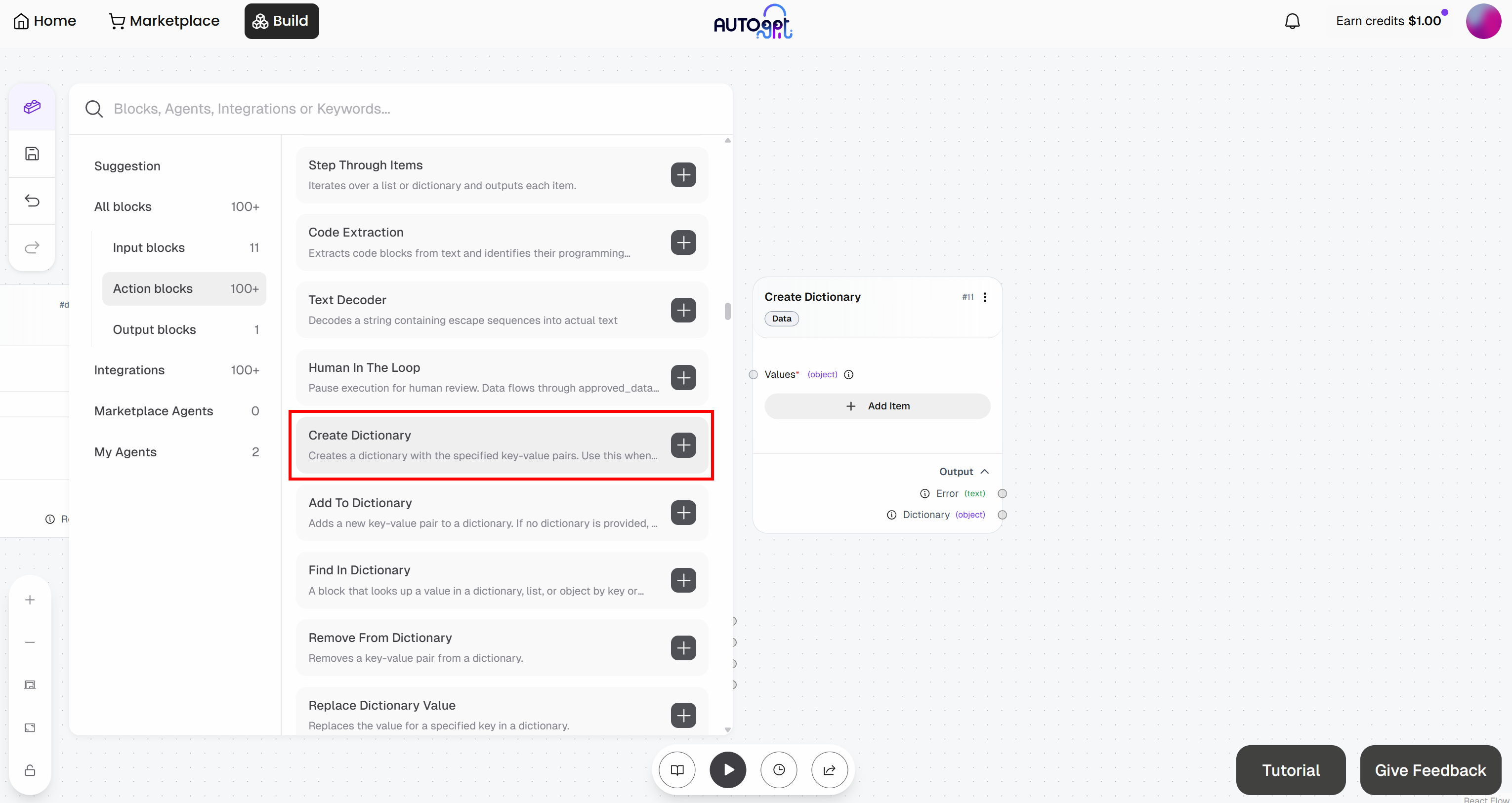 Adding the “Create Dictionary” block