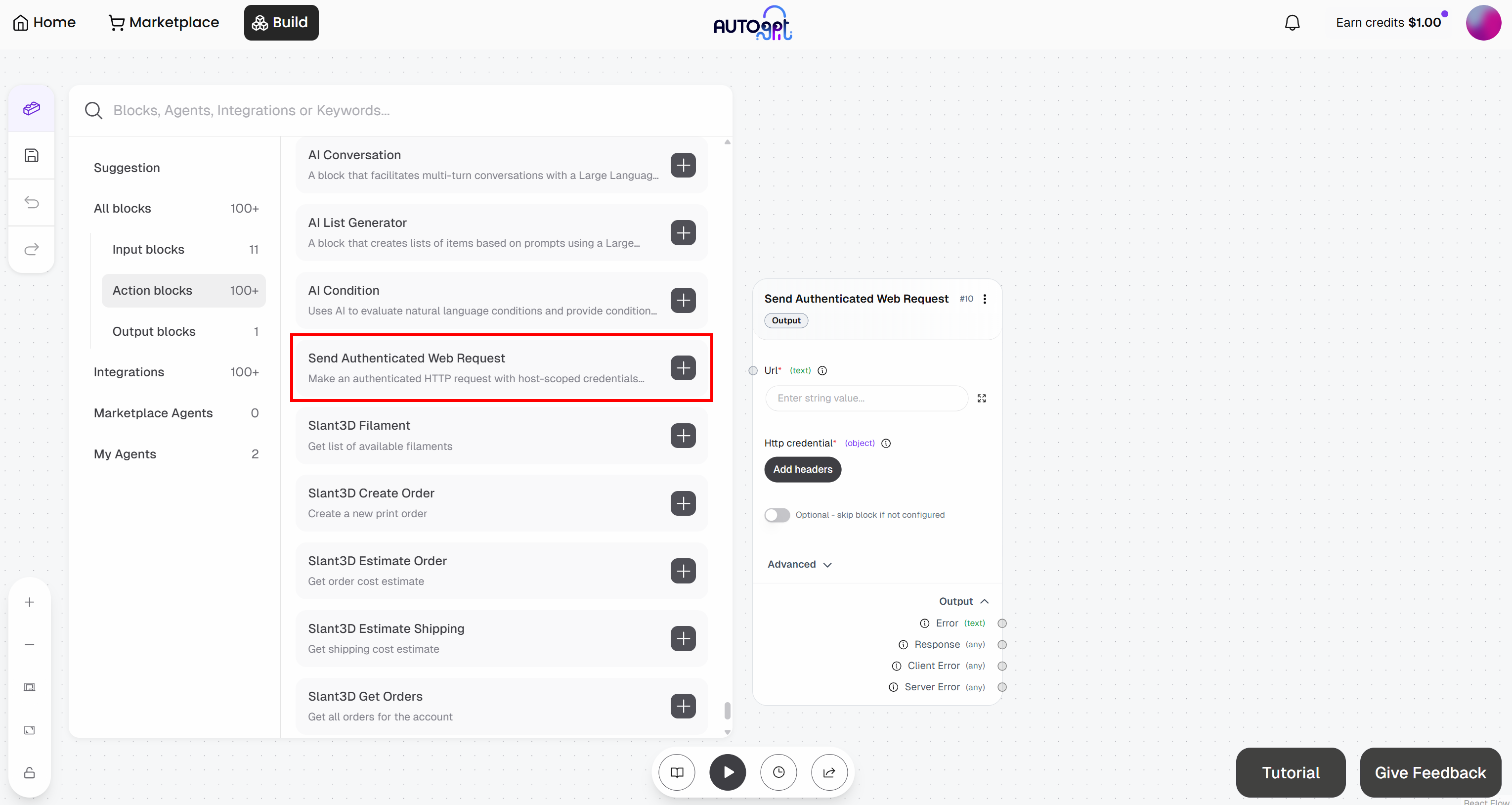 Adding the “Send Authenticated Web Request” block