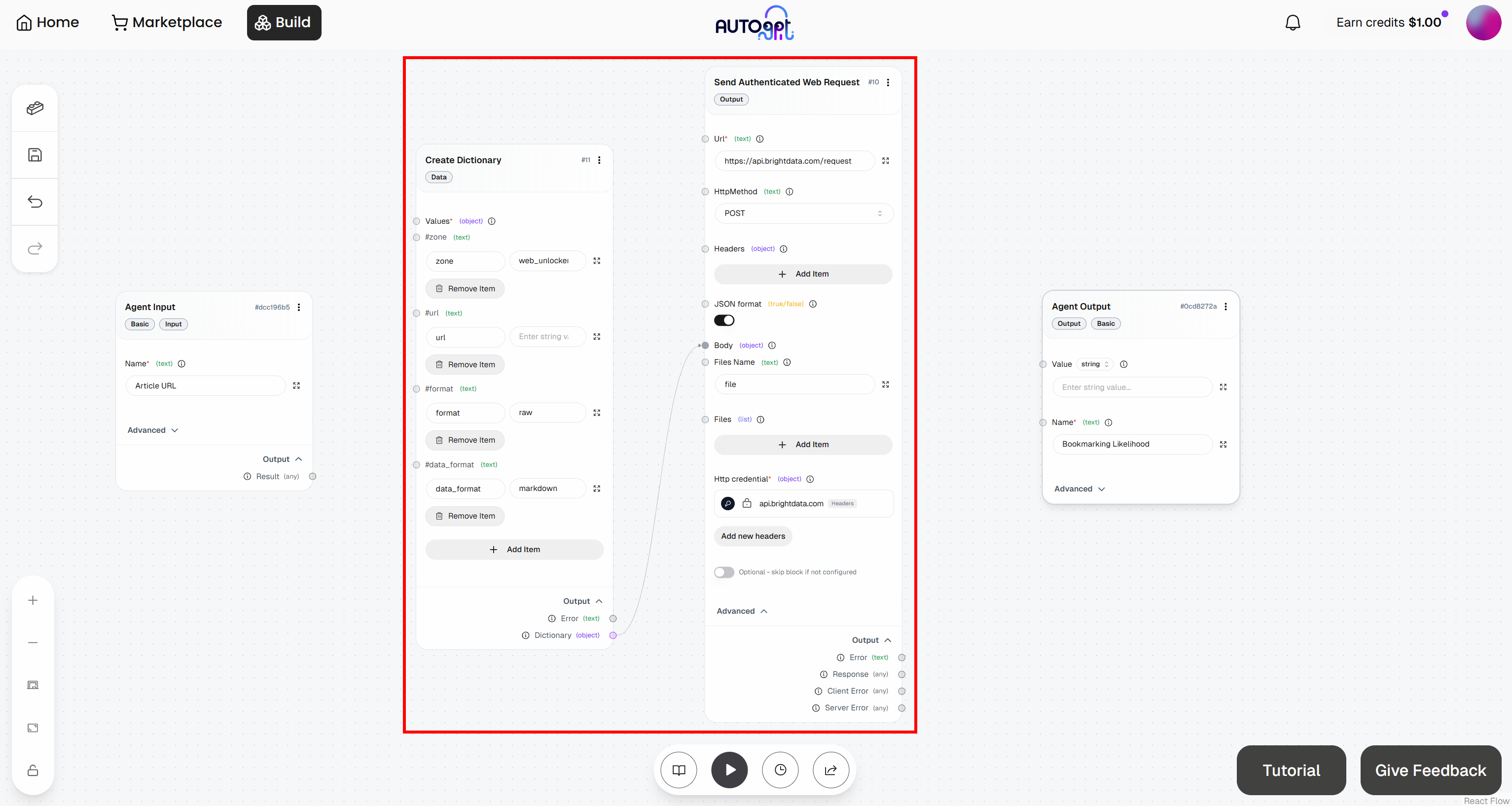 Note the “Create Dictionary” + “Send Authenticated Web Request” connection