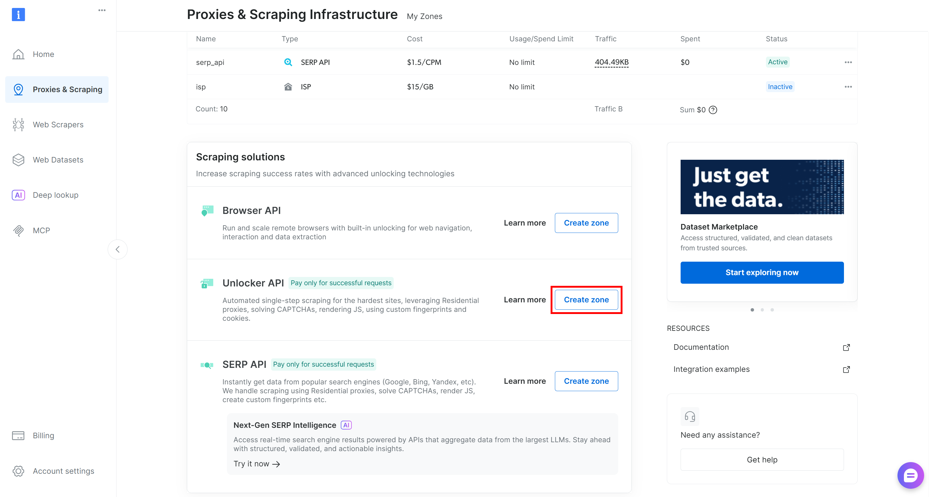 Pressing the “Create zone” button in the “Unlocker API” card
