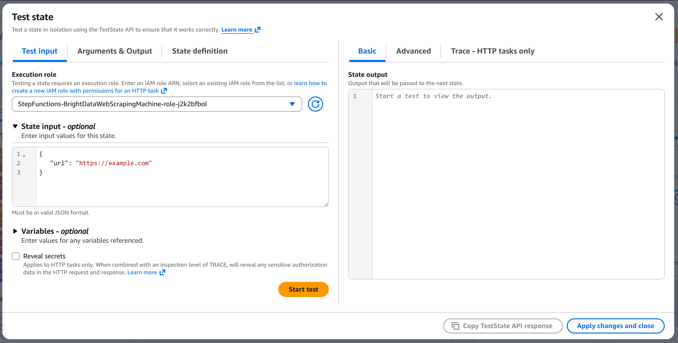 The “Test state” modal