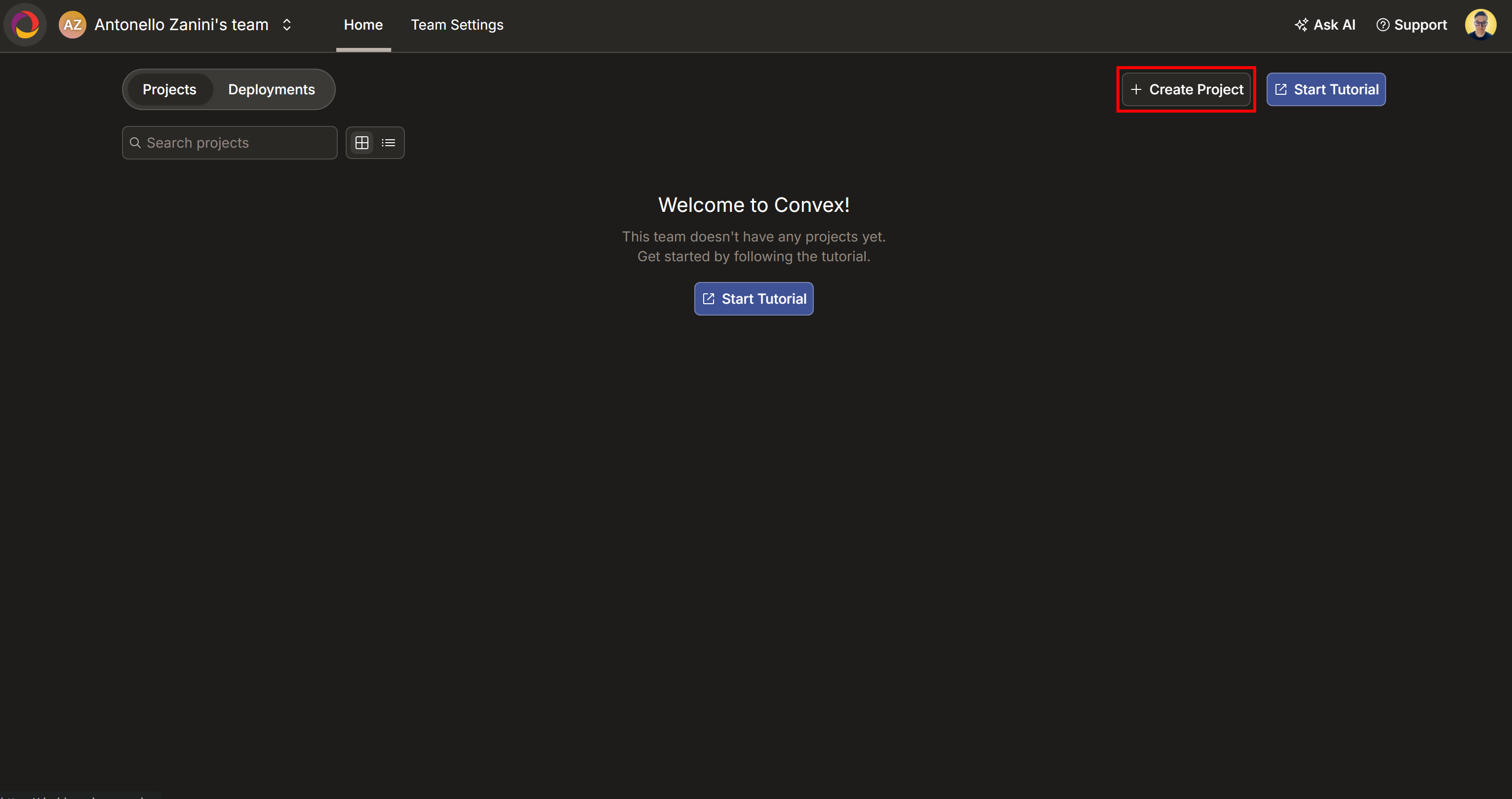 Pressing the “Create Project” button in your Convex dashboard