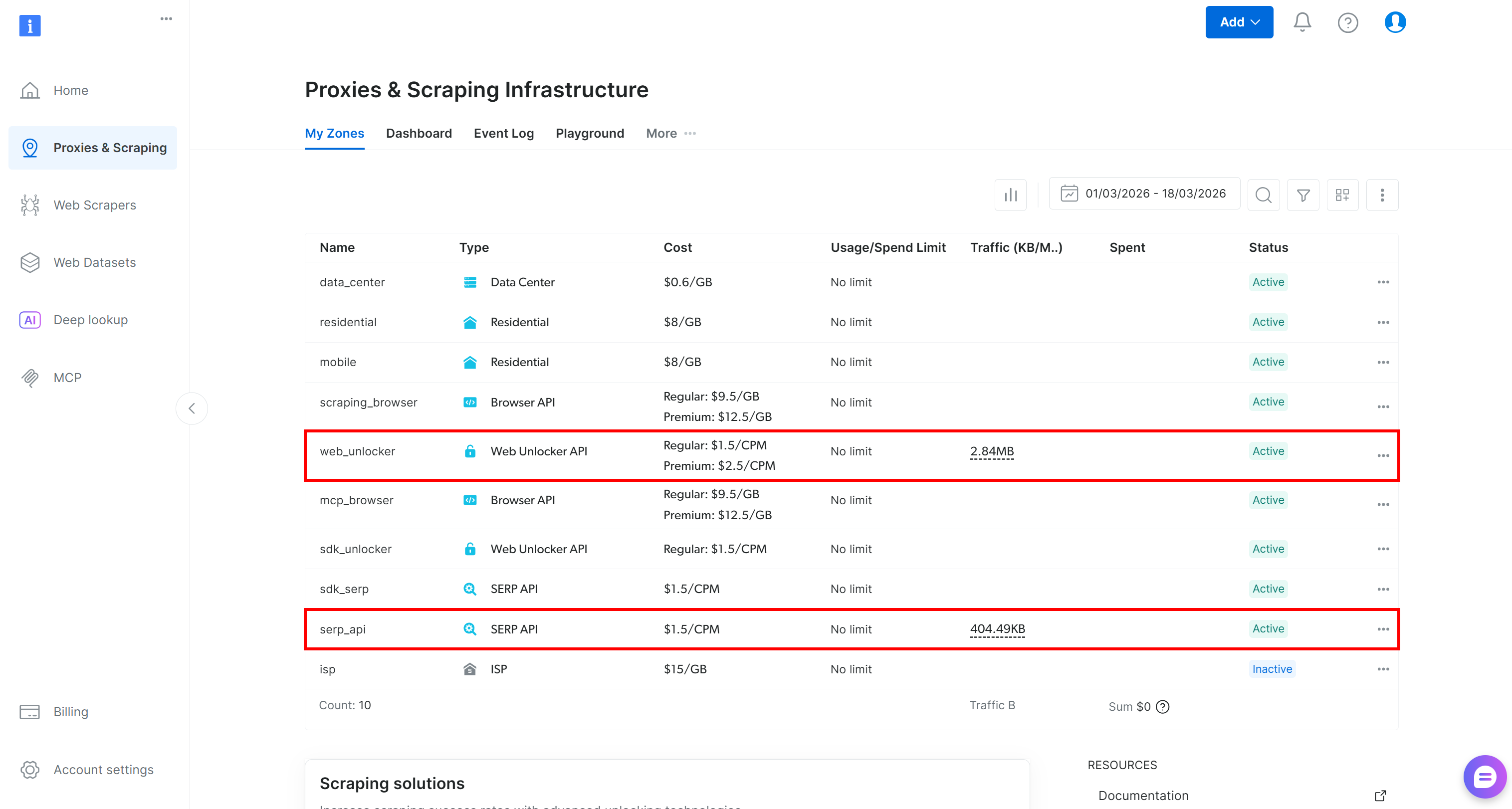 Note the “web_unlocker” and “serp_api” rows in the table