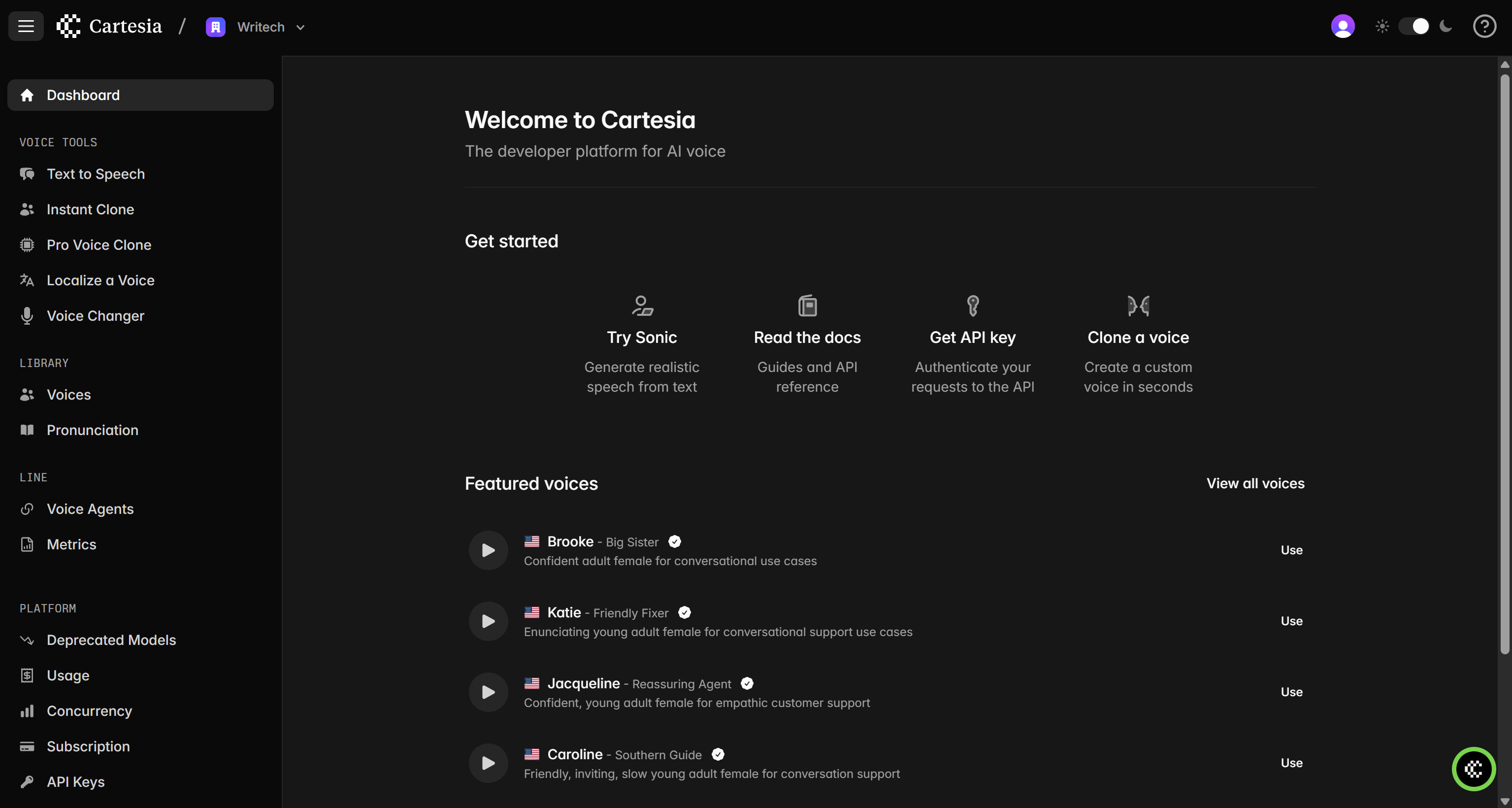 The Cartesia dashboard