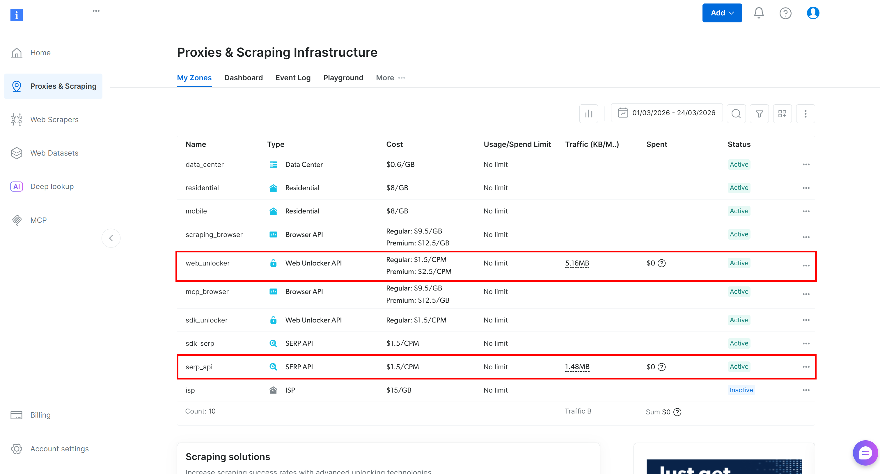 Note the “web_unlocker” Web Unlocker API zone and “serp_api” SERP API zone