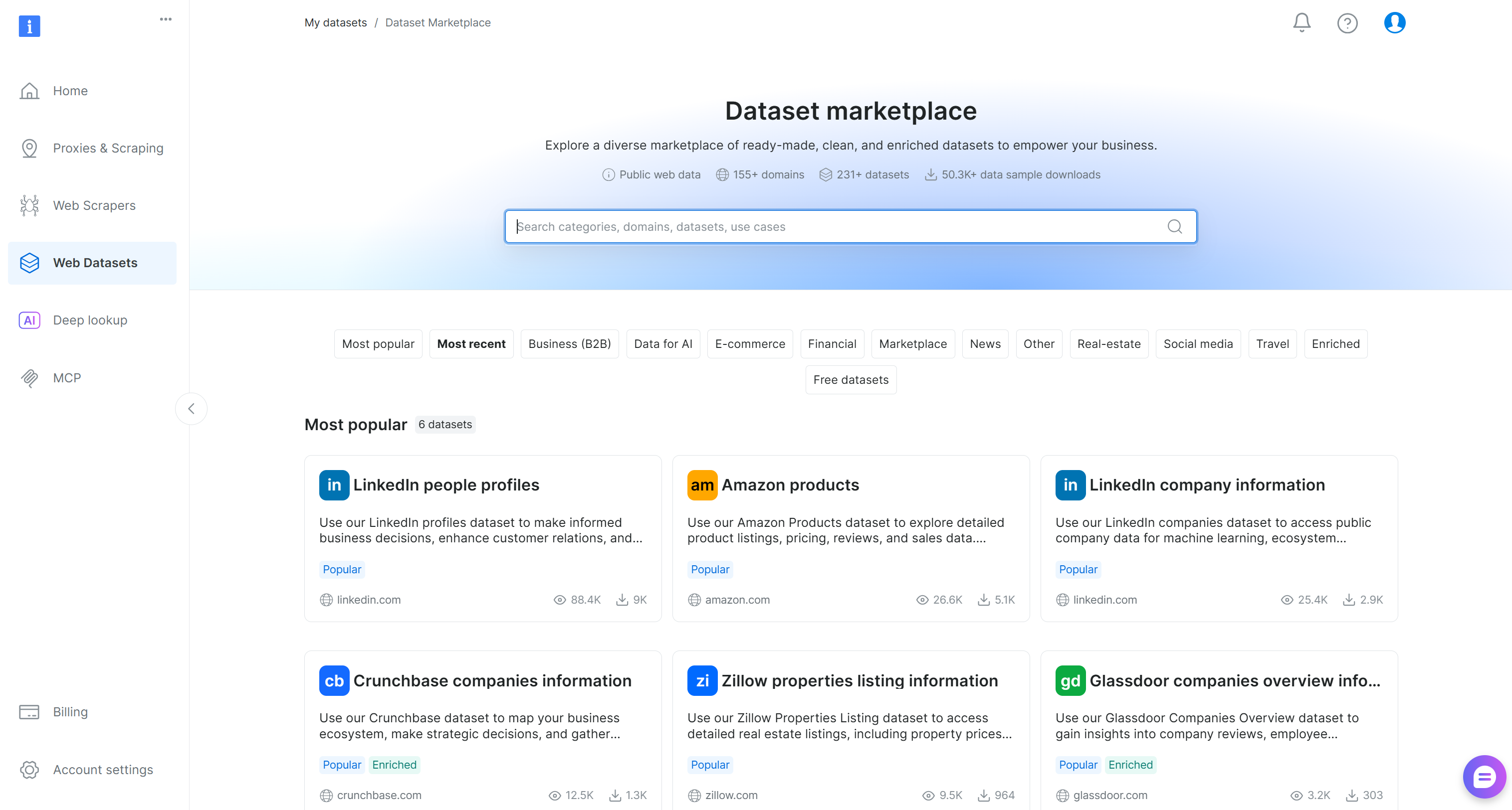 The “Dataset marketplace” page