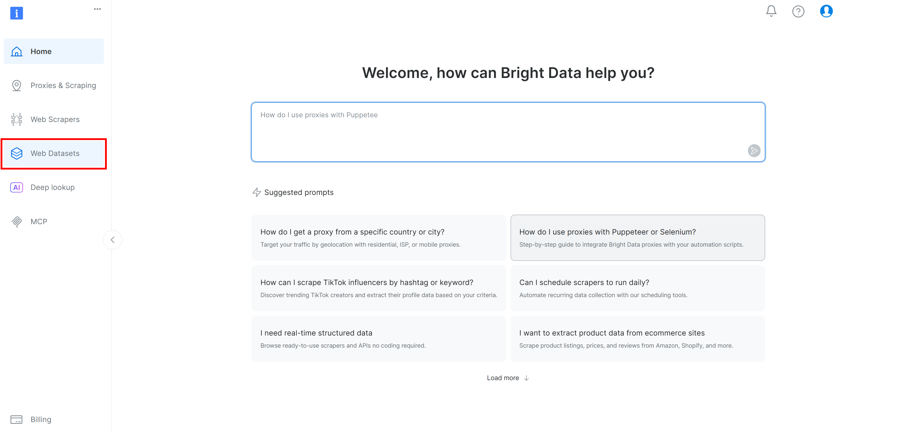 Selecting the “Web Datasets” option