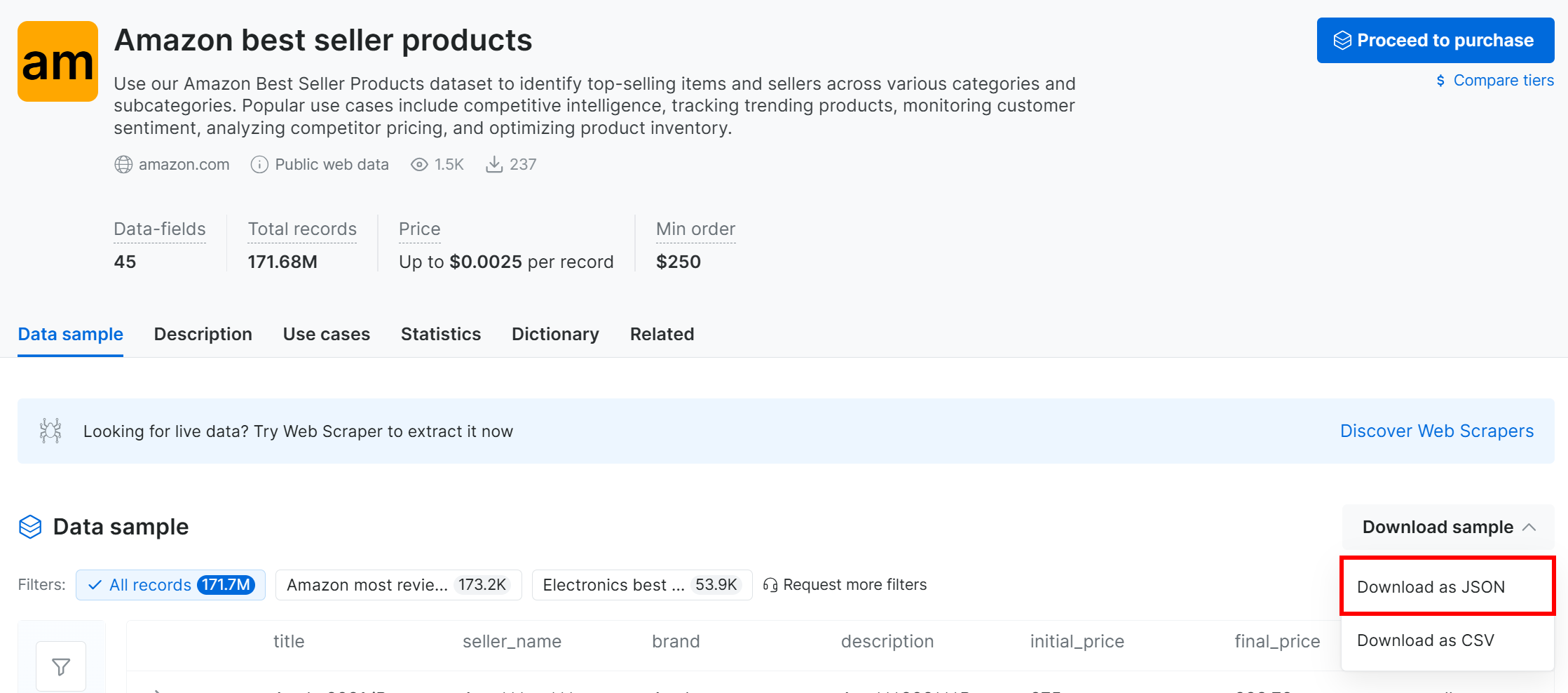 Selecting the “Download as JSON” option