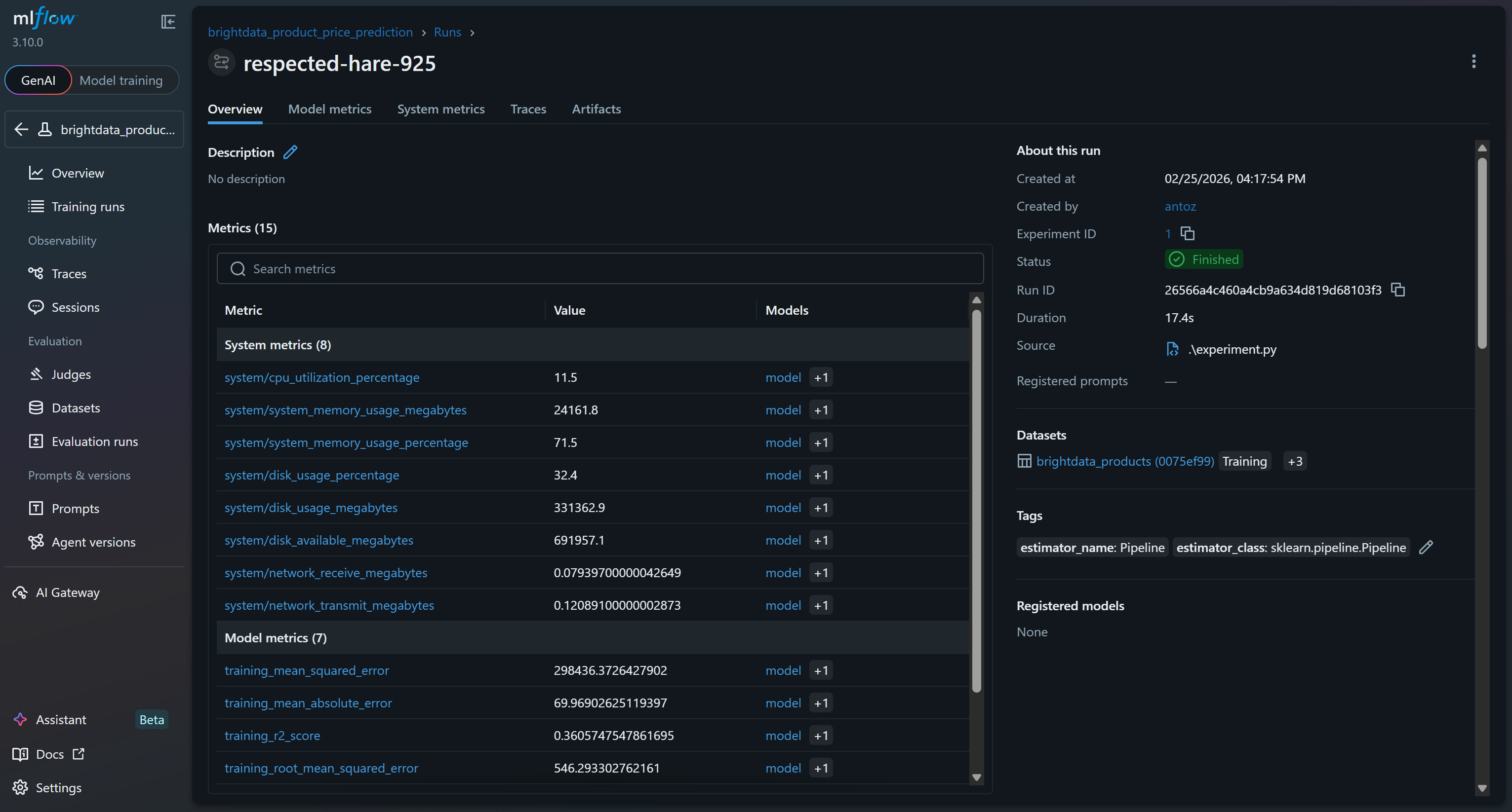 Inspecting the run's metrics