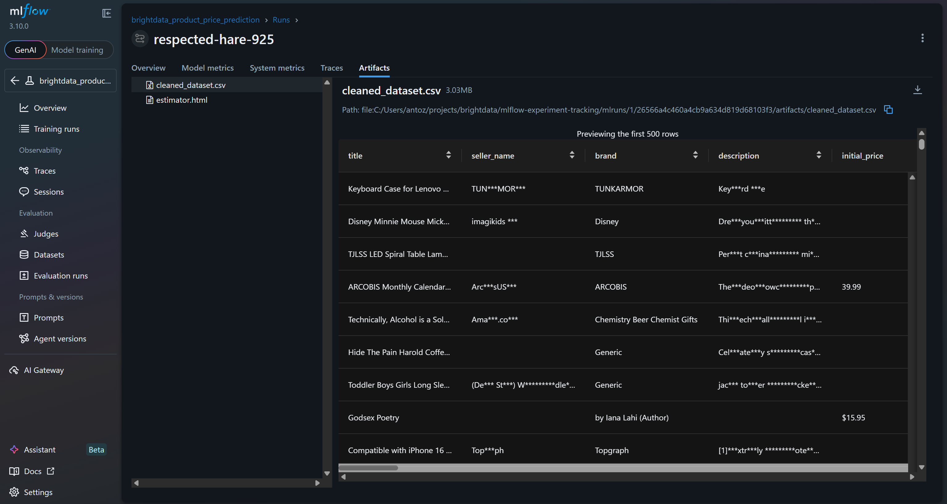 Exploring the cleaned_dataset.csv logged artifact