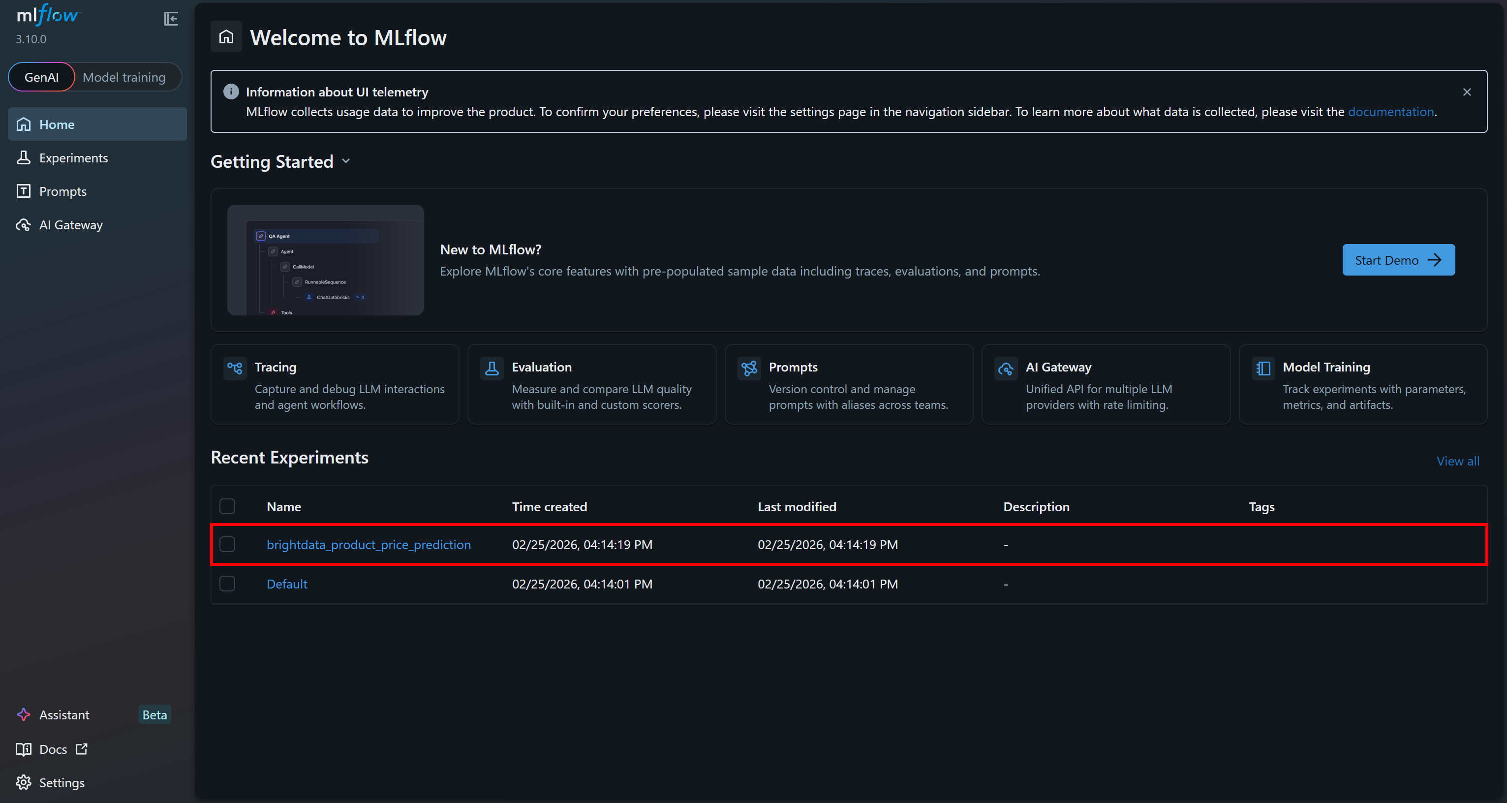 Selecting the “brightdata_product_price_prediction experiment” experiment