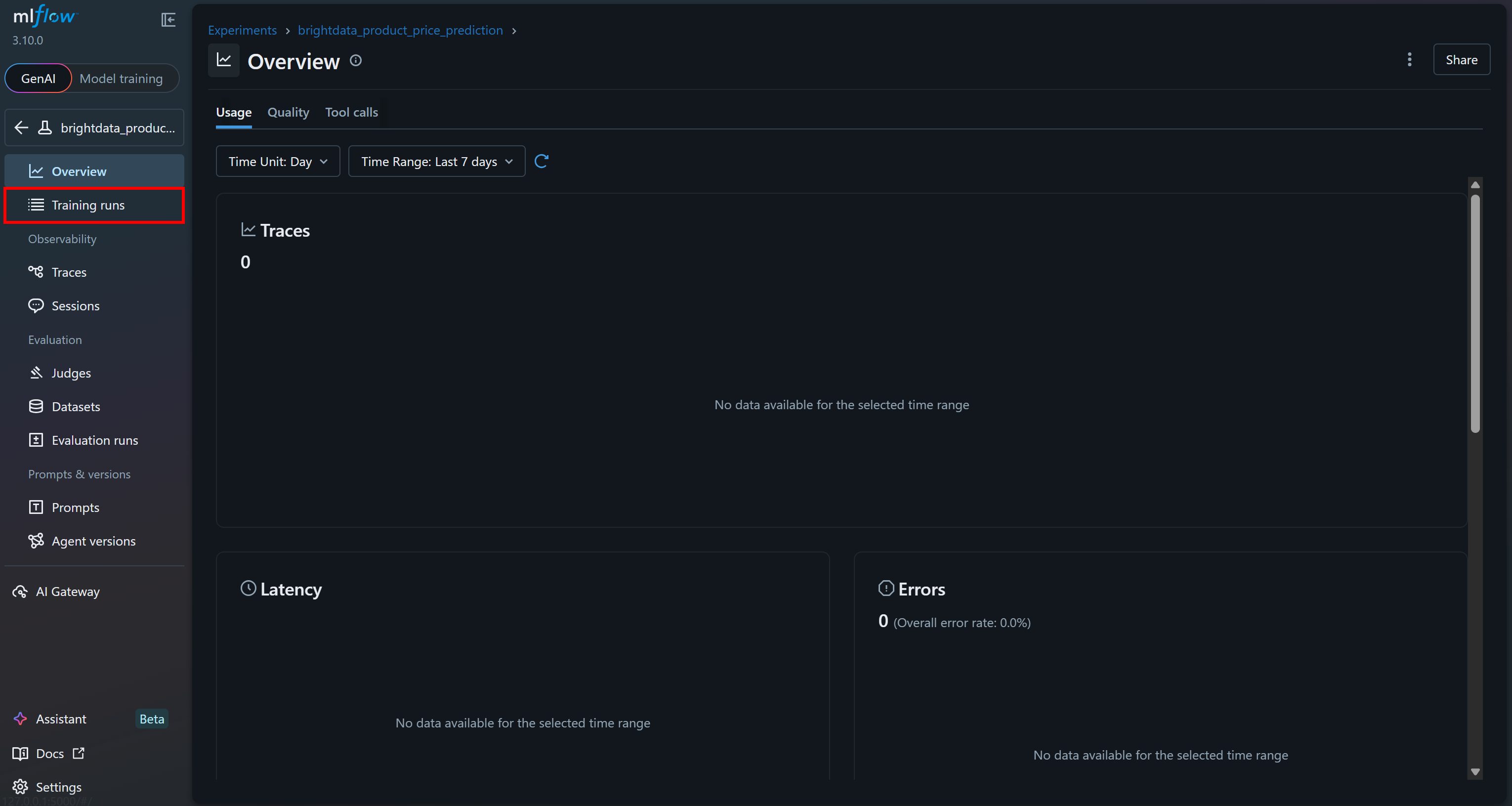 Choosing the “Training runs” option