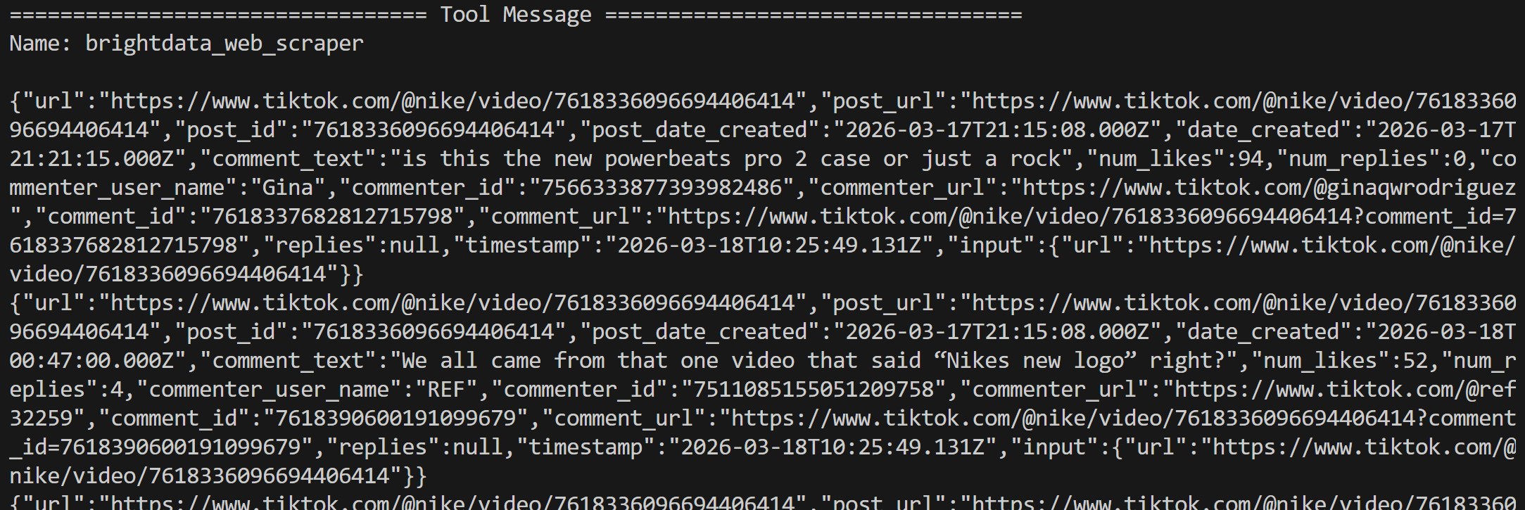 Note the structured comments returned by the scraping tool