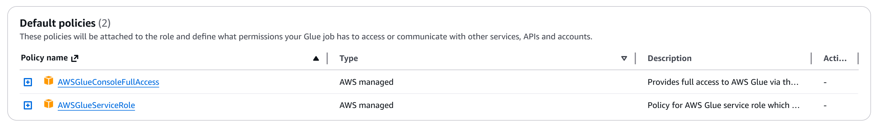 Note the two required policies added by AWS by default