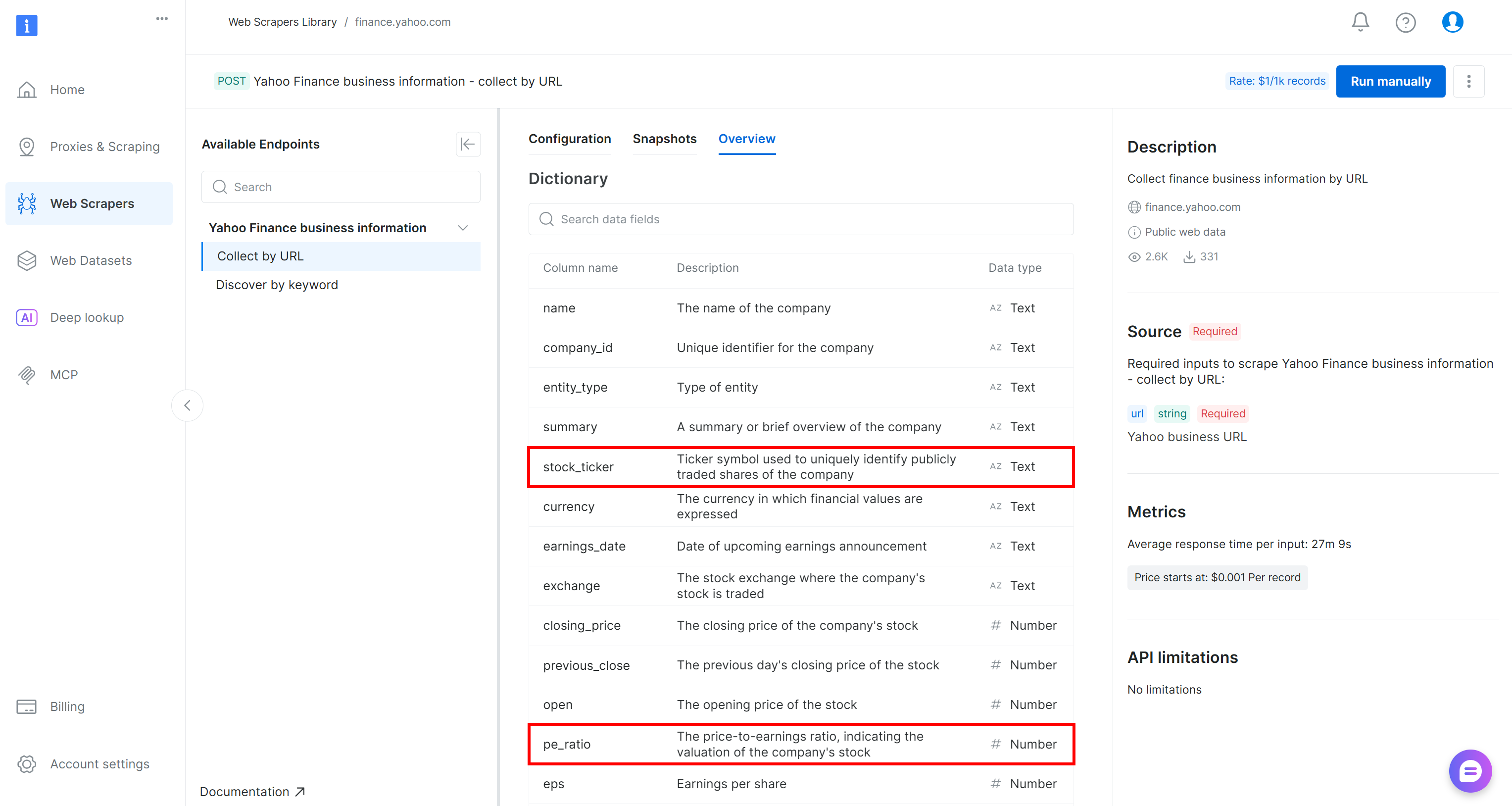 Note the “stock_picker” and “pe_ratio” fields in the Bright Data Yahoo Finance Scraper output schema