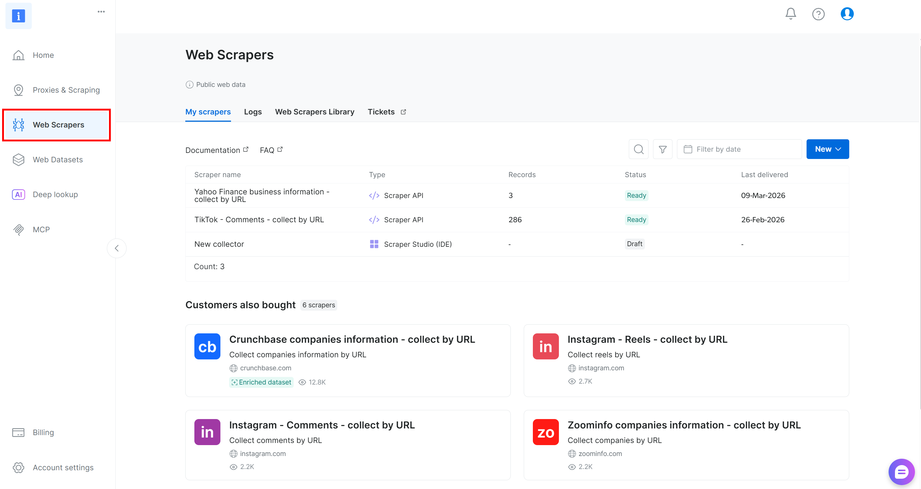 The “Web Scrapers” page