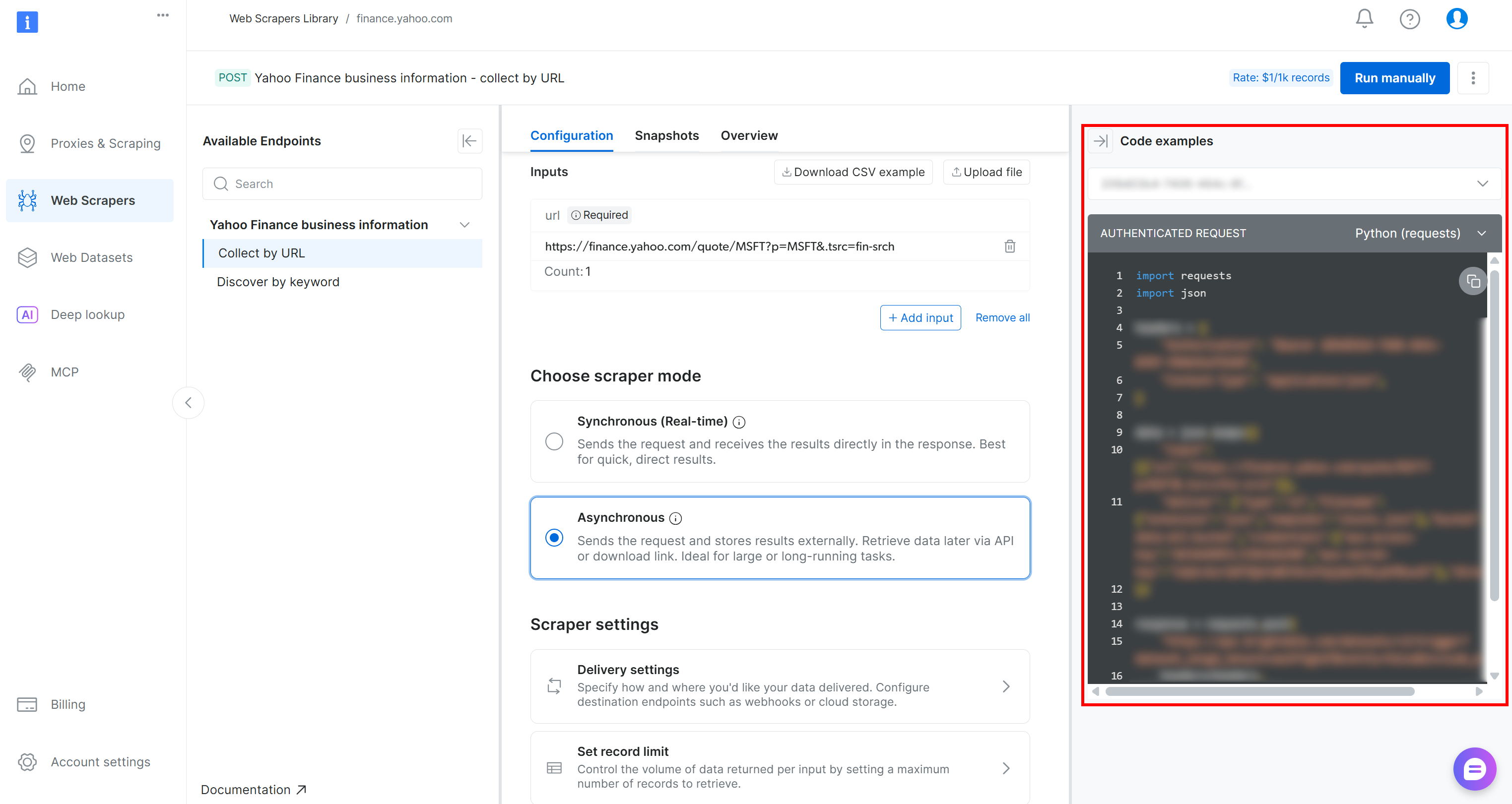The code snippet for programmatic web scraping API execution