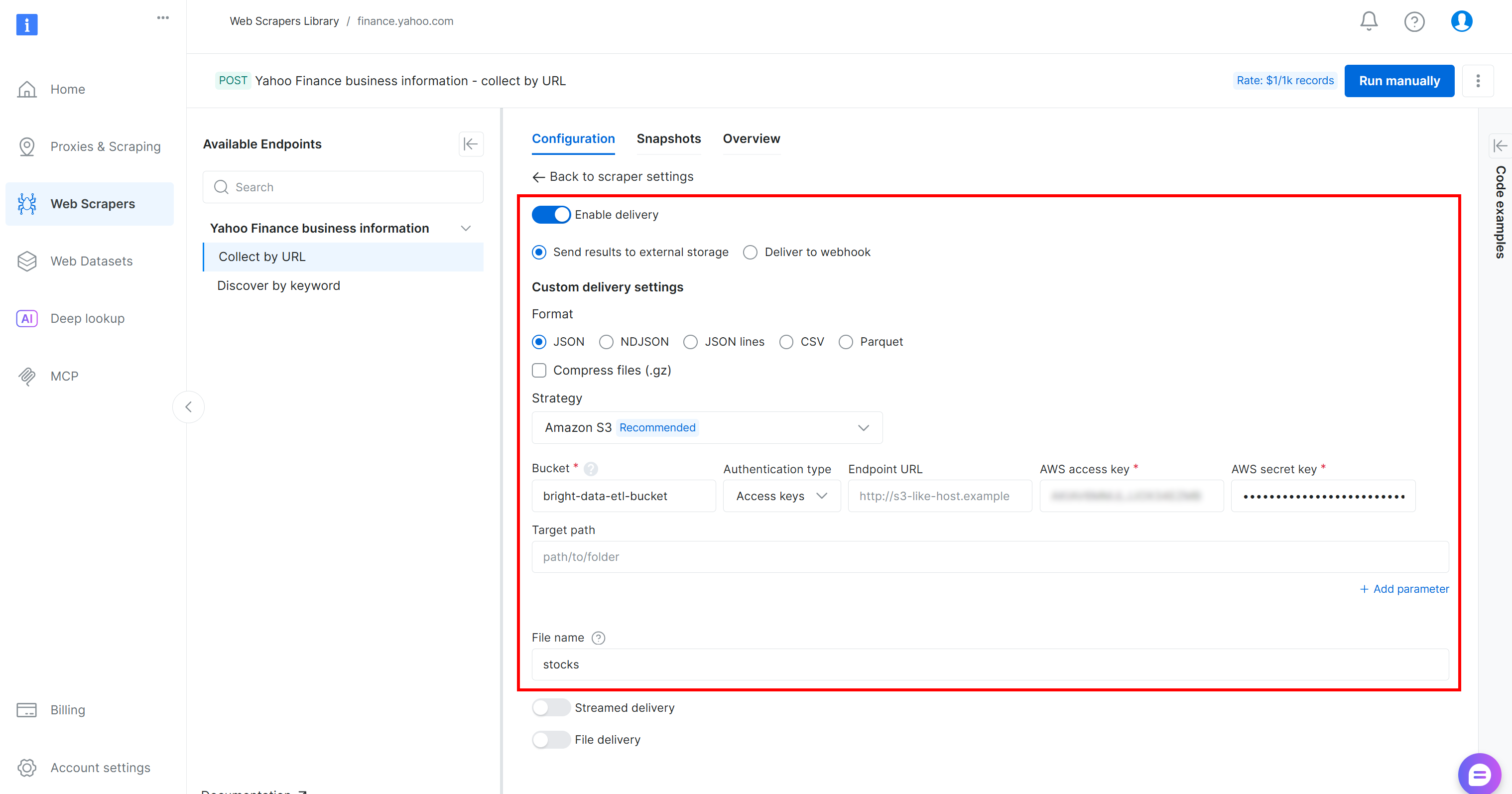 Configuring the data delivery to your Amazon S3 bucket
