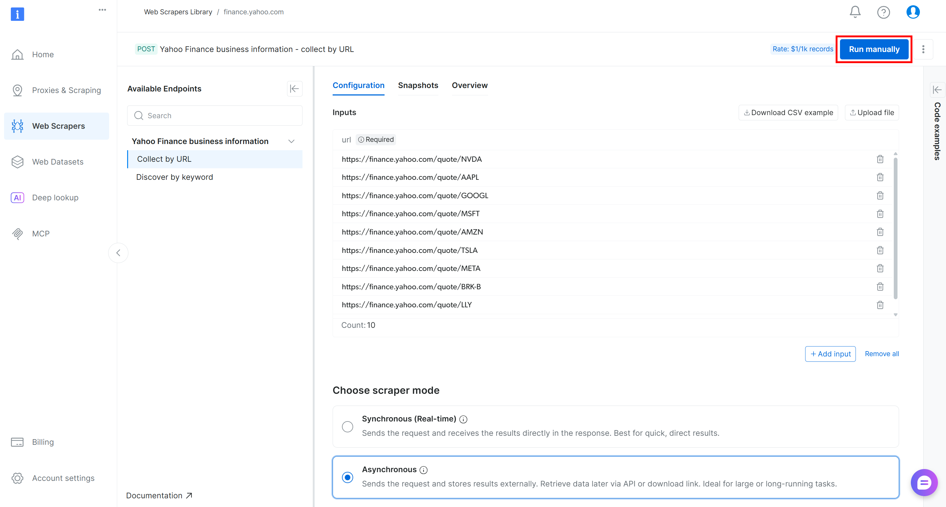 Pressing the “Run manually” button