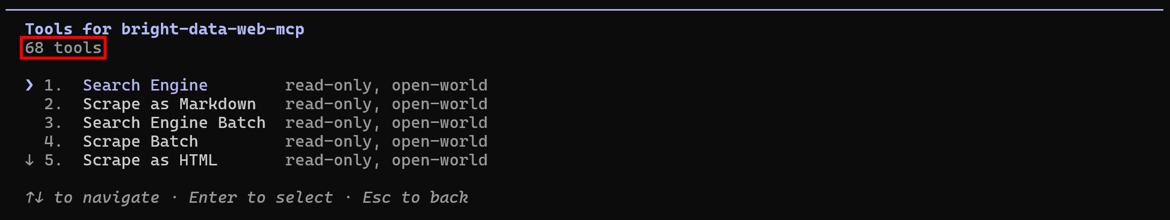 Note the 68 tools exposed by the Web MCP server