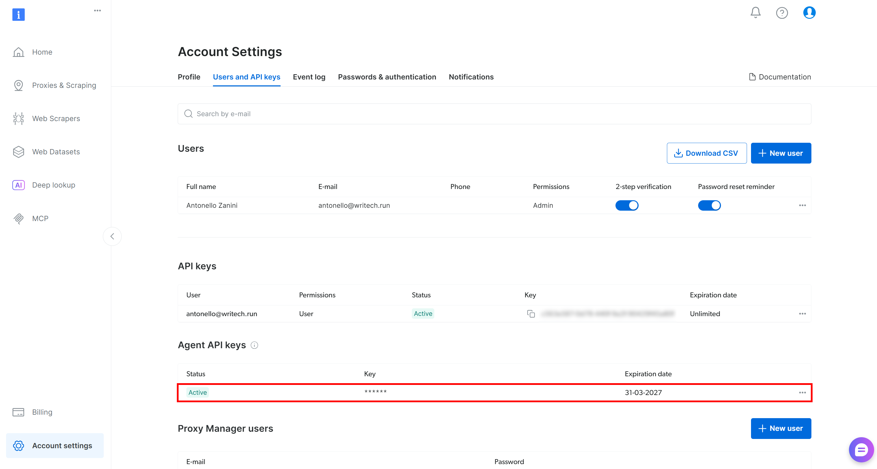 Note the new Agent API key