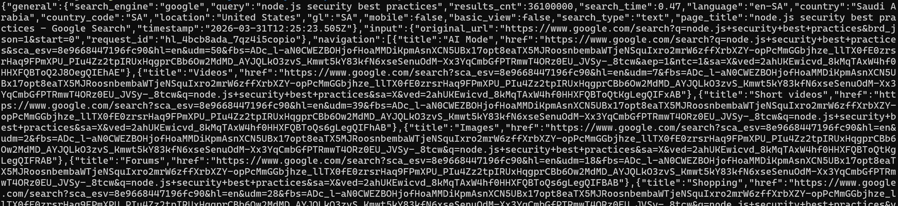 The resulting SERP results in structured JSON