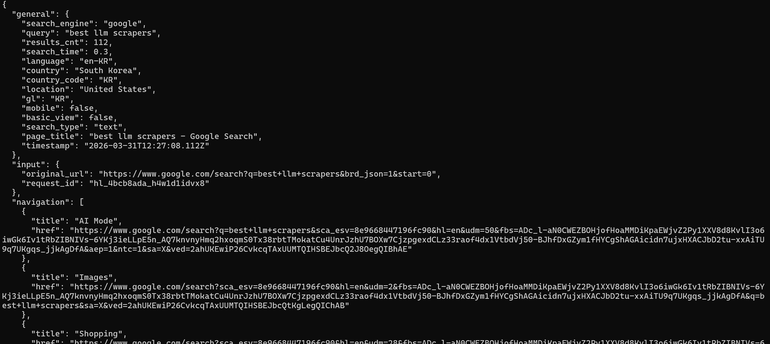 Note the indented JSON result
