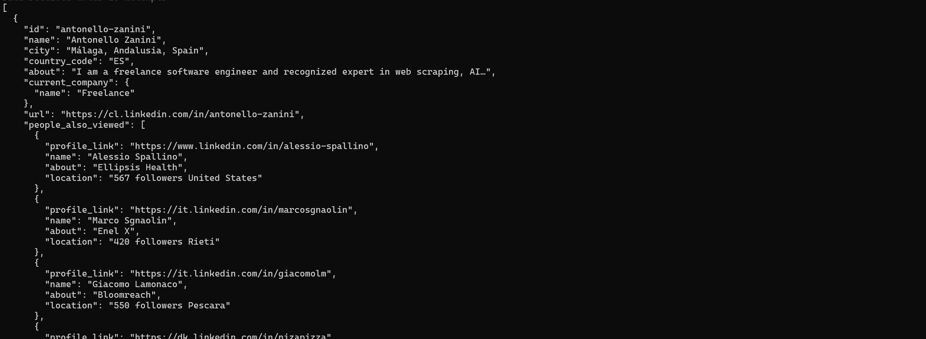 The output produced by the LinkedIn scraping pipeline