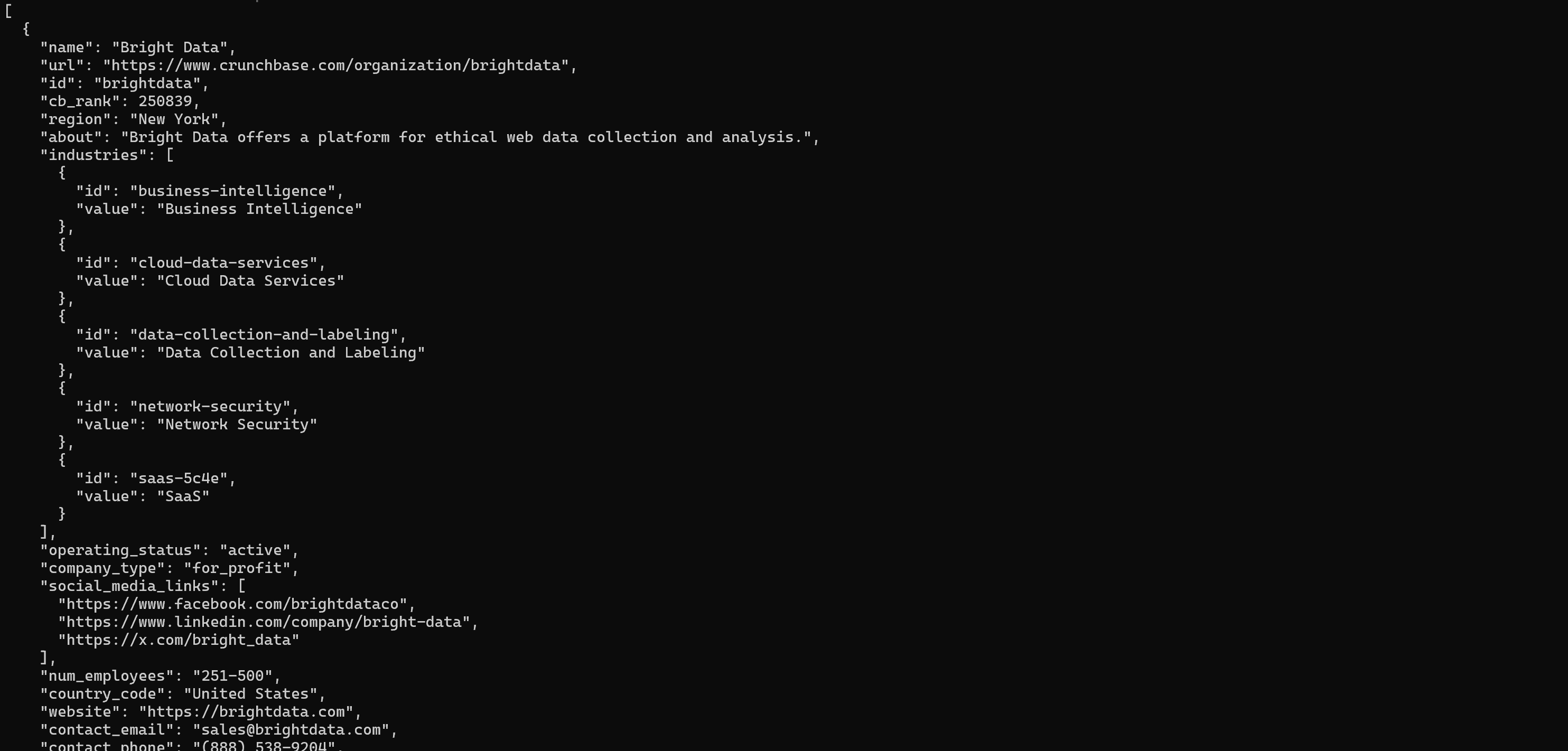 Note the structured company info retrieved from Crunchbase