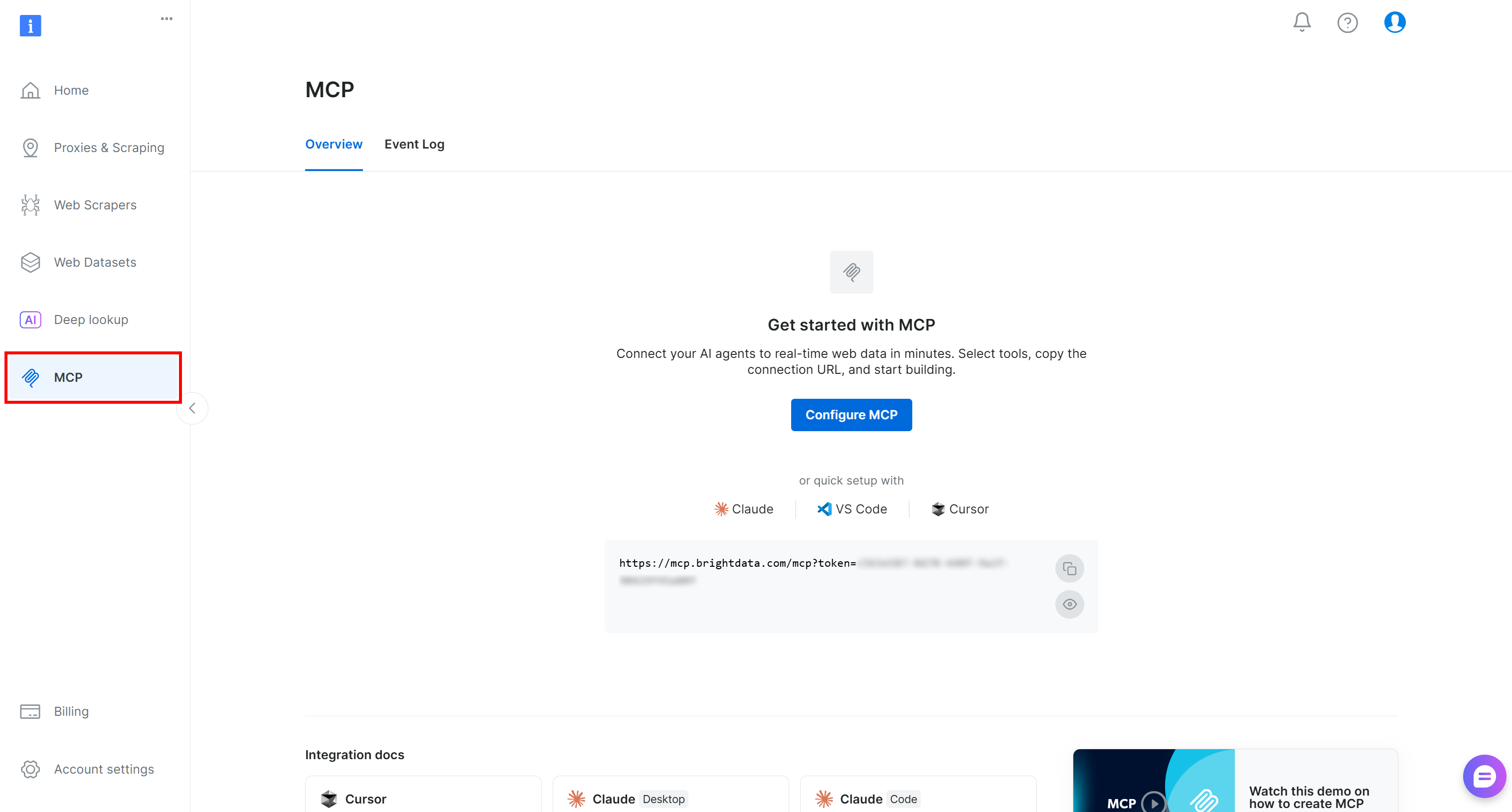 The “MCP” section in your Bright Data account