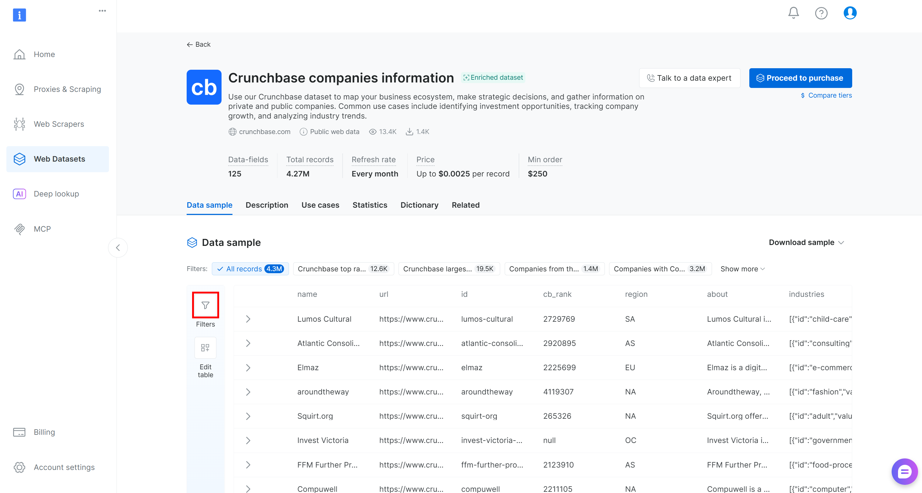 Pressing the “Filters” button